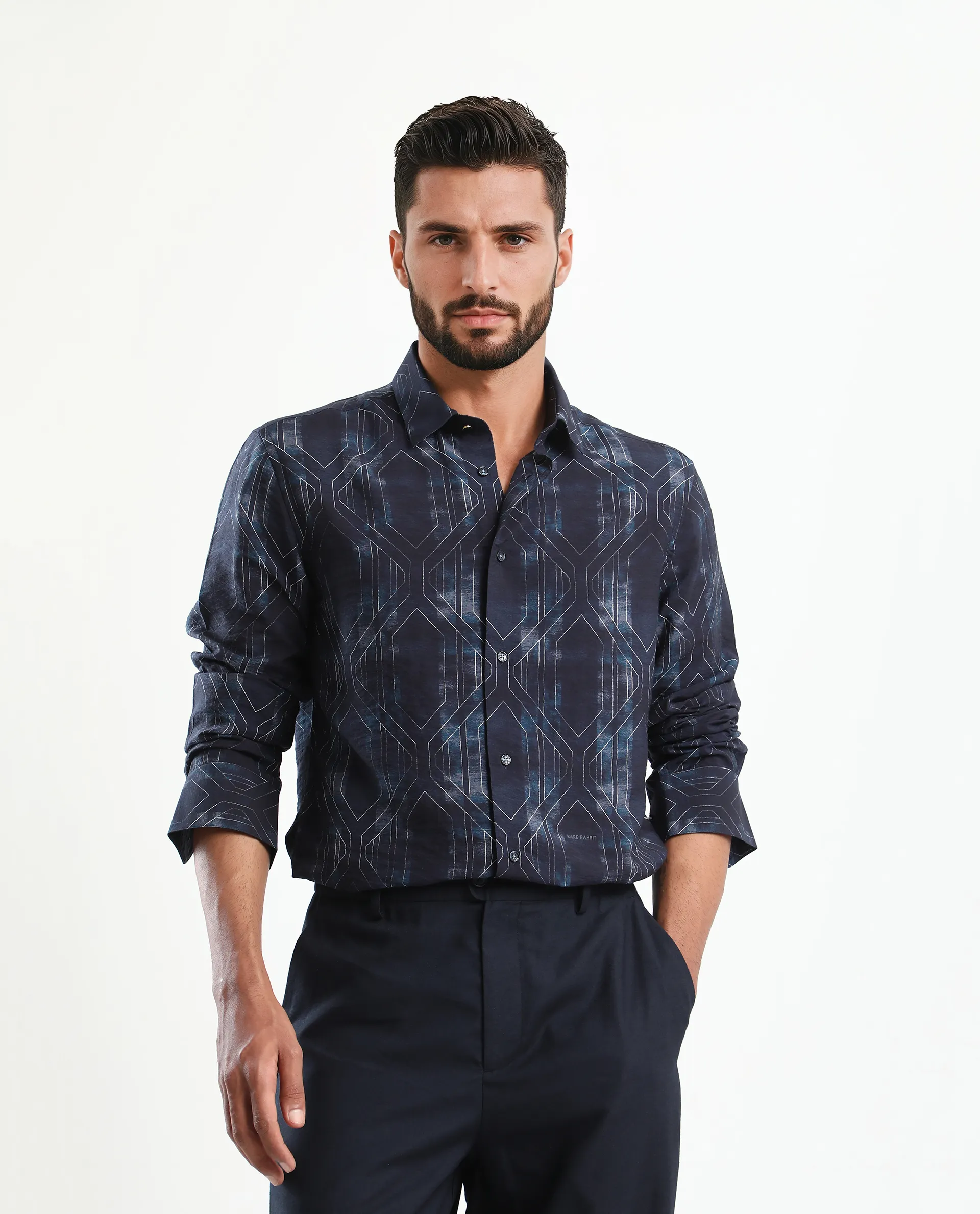 Rare Rabbit Men's Rumi Dark Navy Viscose Blend Geometric Print Regular Fit Full Sleeve Collared Shirt - Image 8