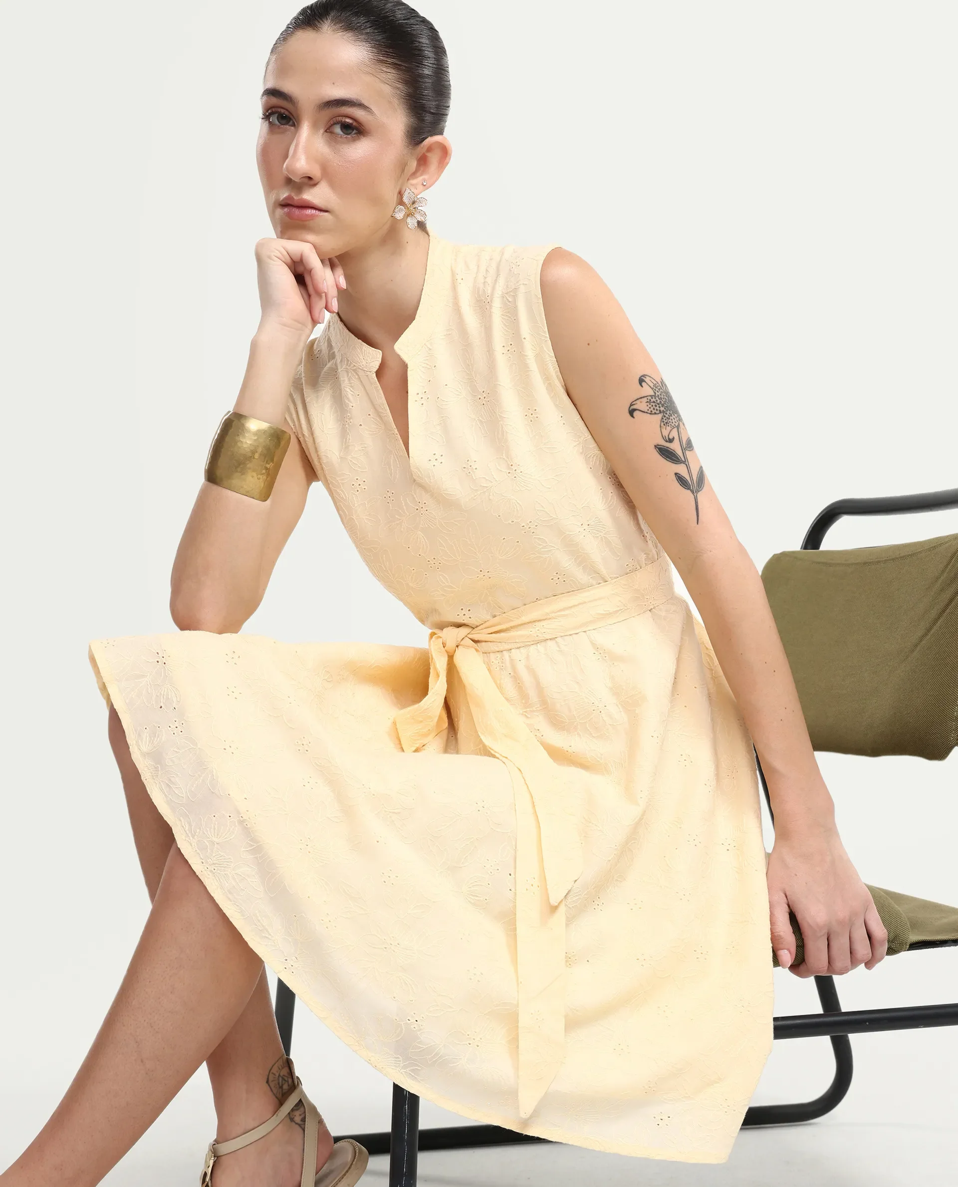 Rareism Women's Rumi Pastel Yellow Cotton Sleeveless Band Collar Regular Fit Plain Dress - Image 2