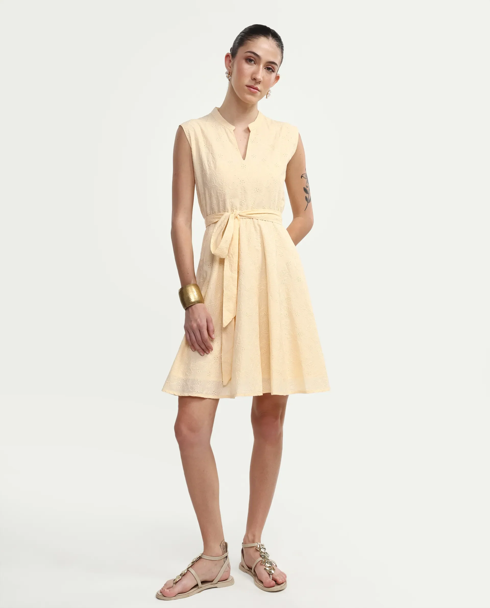 Rareism Women's Rumi Pastel Yellow Cotton Sleeveless Band Collar Regular Fit Plain Dress - Image 3