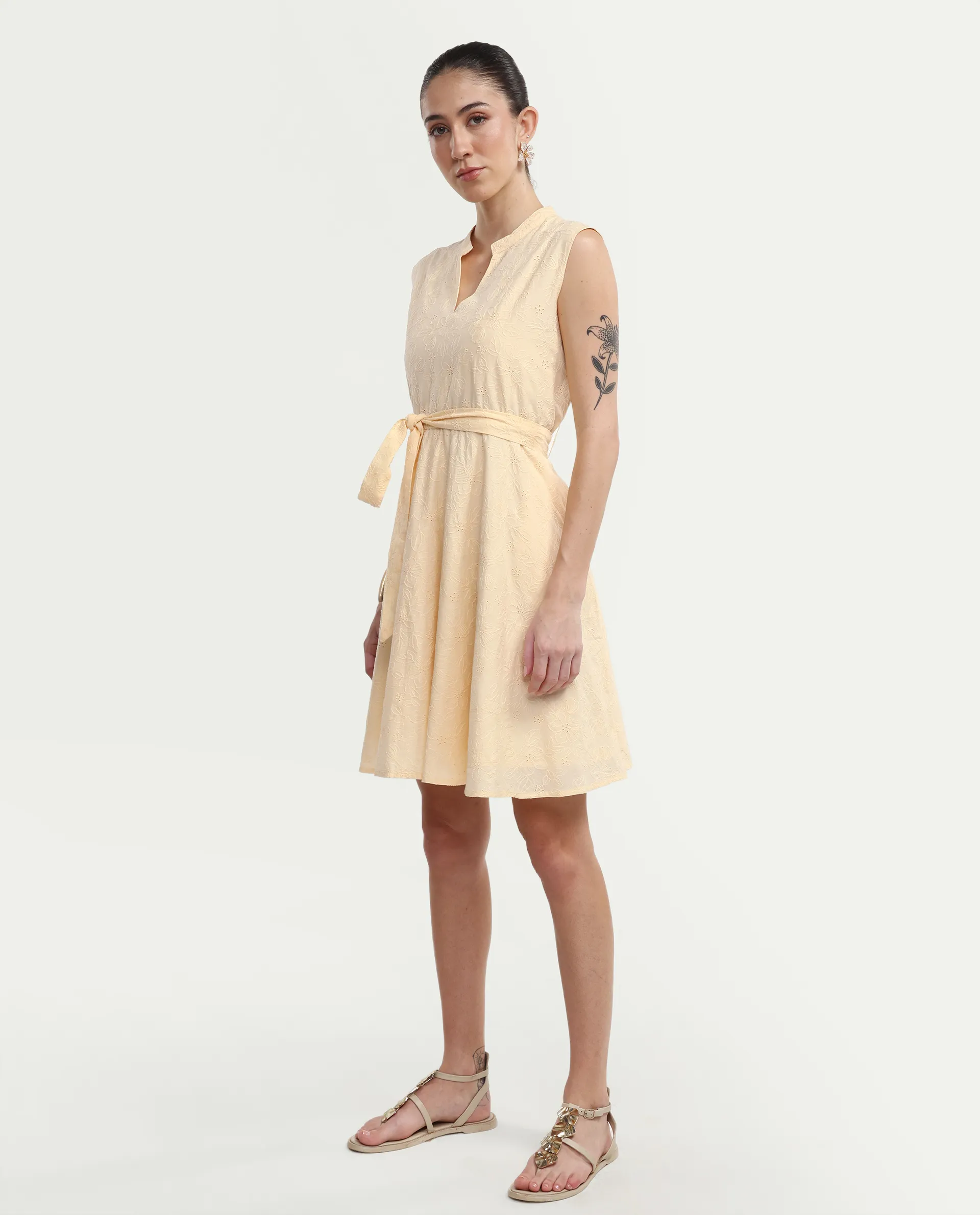 Rareism Women's Rumi Pastel Yellow Cotton Sleeveless Band Collar Regular Fit Plain Dress - Image 6