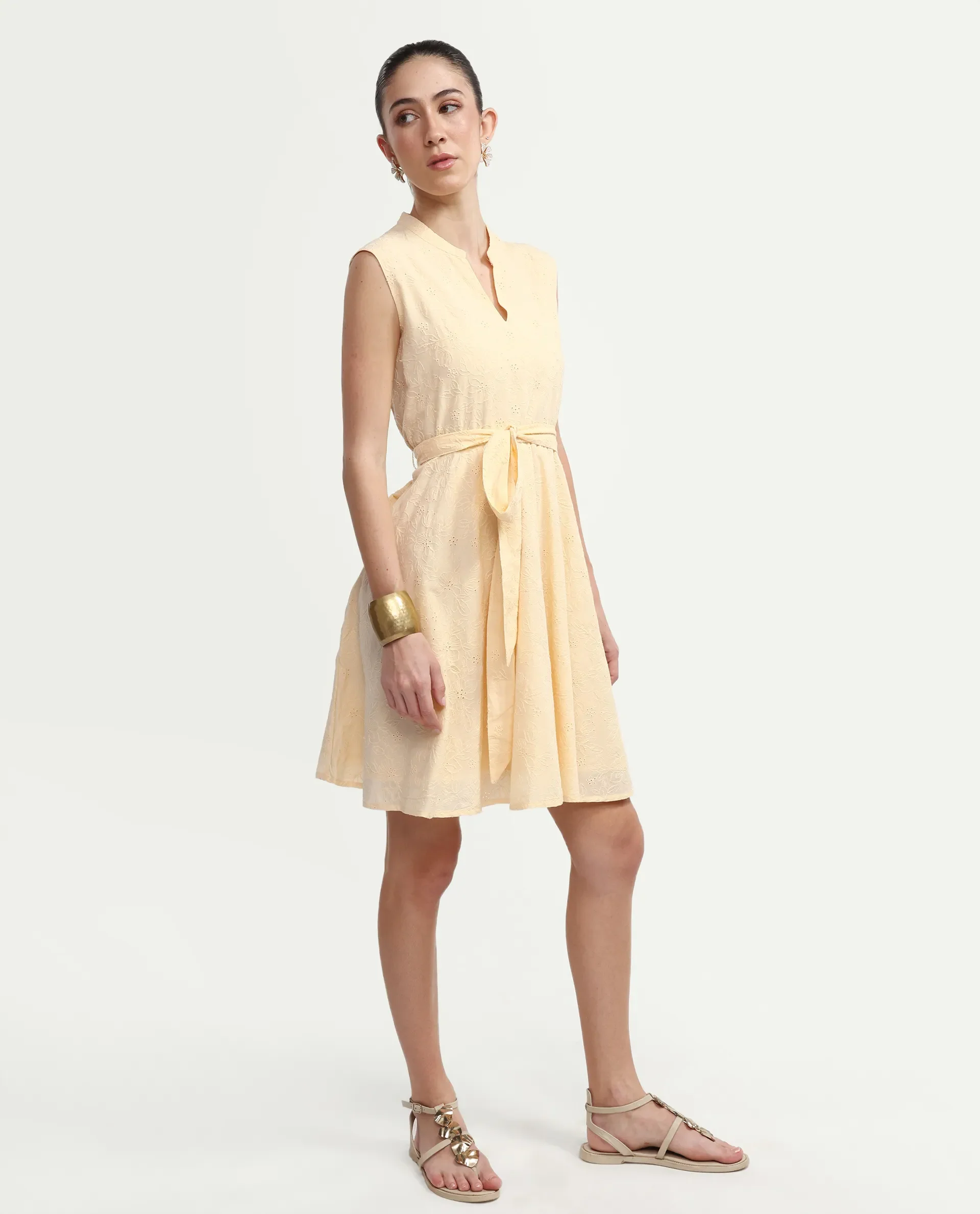 Rareism Women's Rumi Pastel Yellow Cotton Sleeveless Band Collar Regular Fit Plain Dress - Image 7