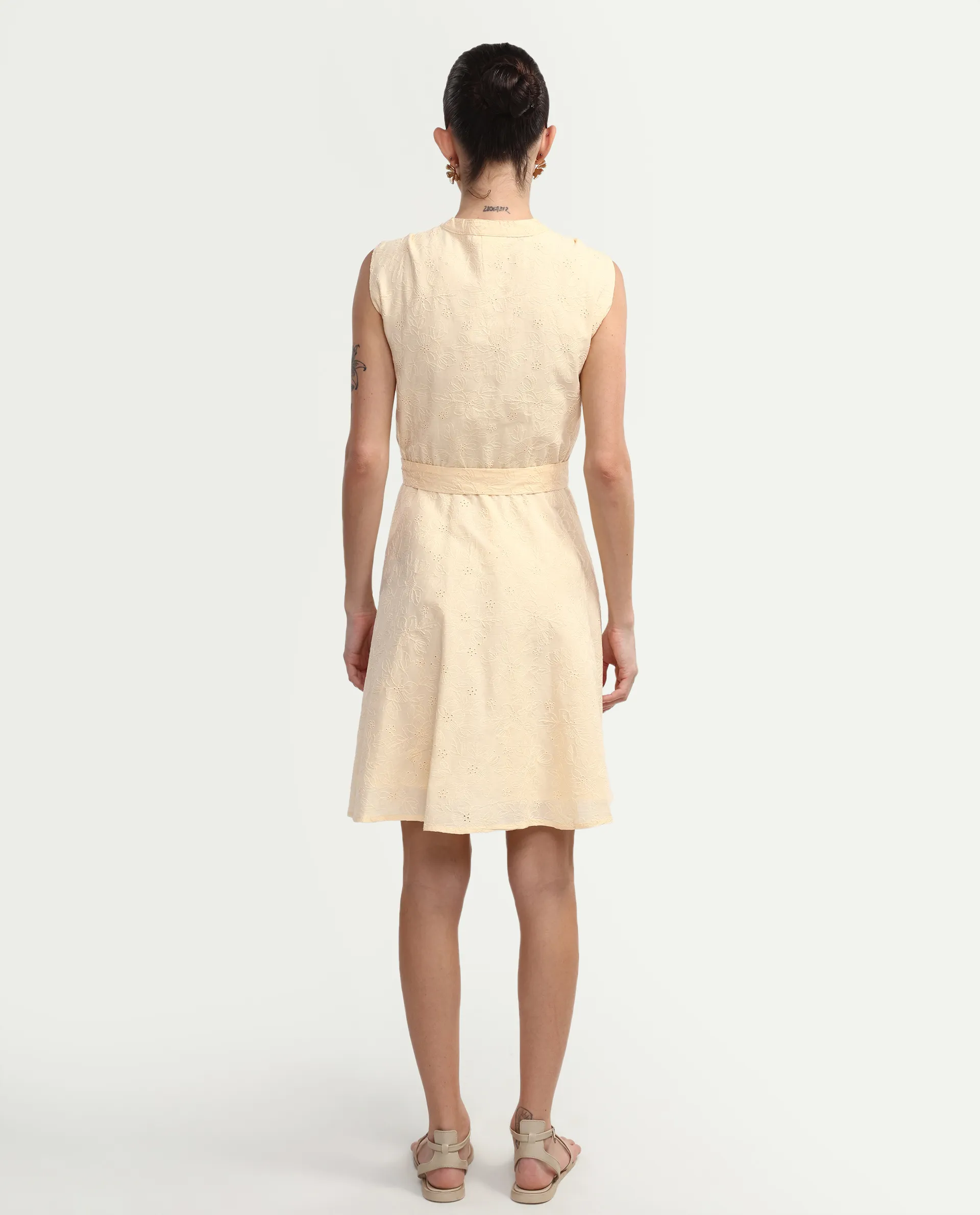 Rareism Women's Rumi Pastel Yellow Cotton Sleeveless Band Collar Regular Fit Plain Dress - Image 8