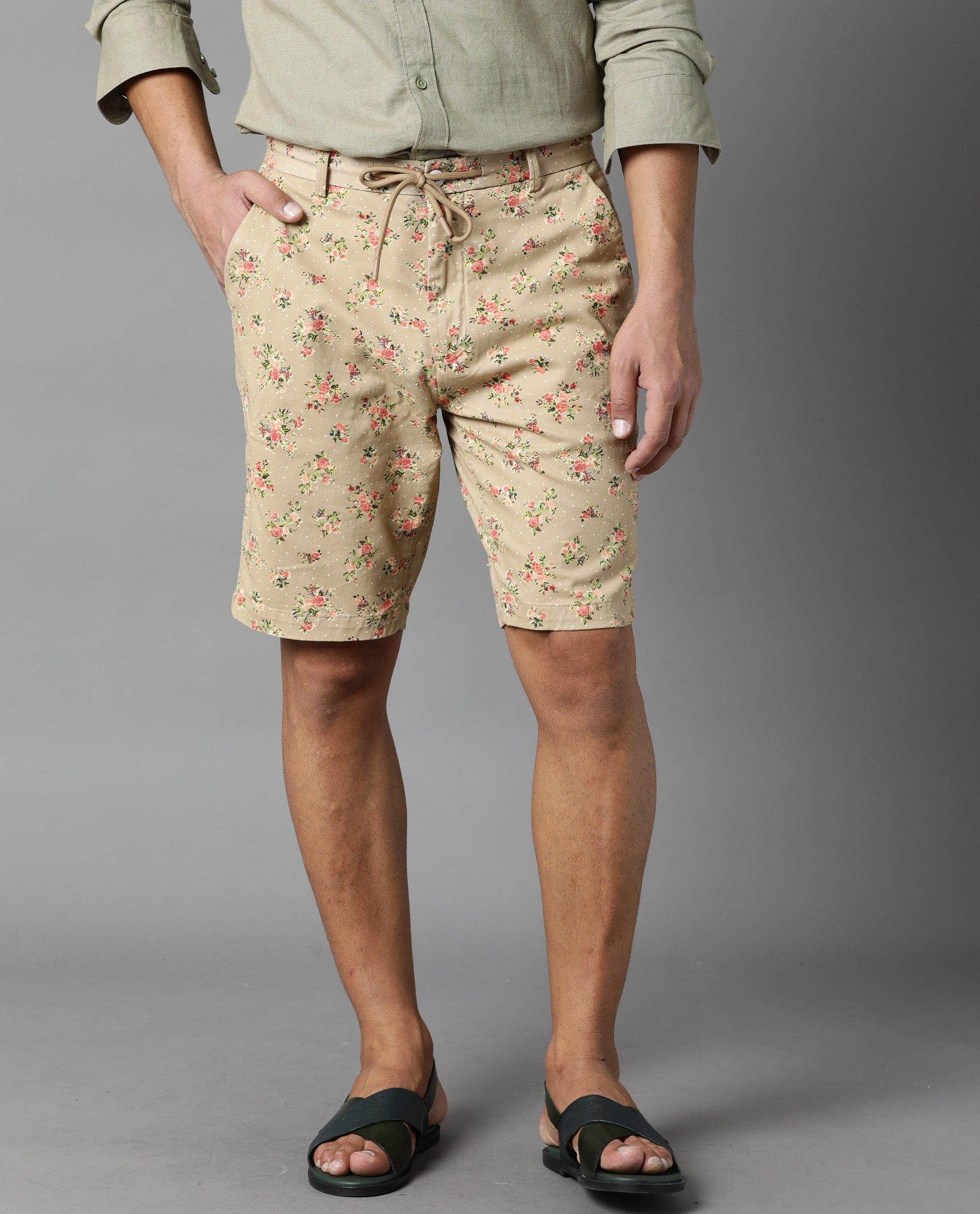 Rare Rabbit Men's Run Beige Cotton Slim Fit Shorts
