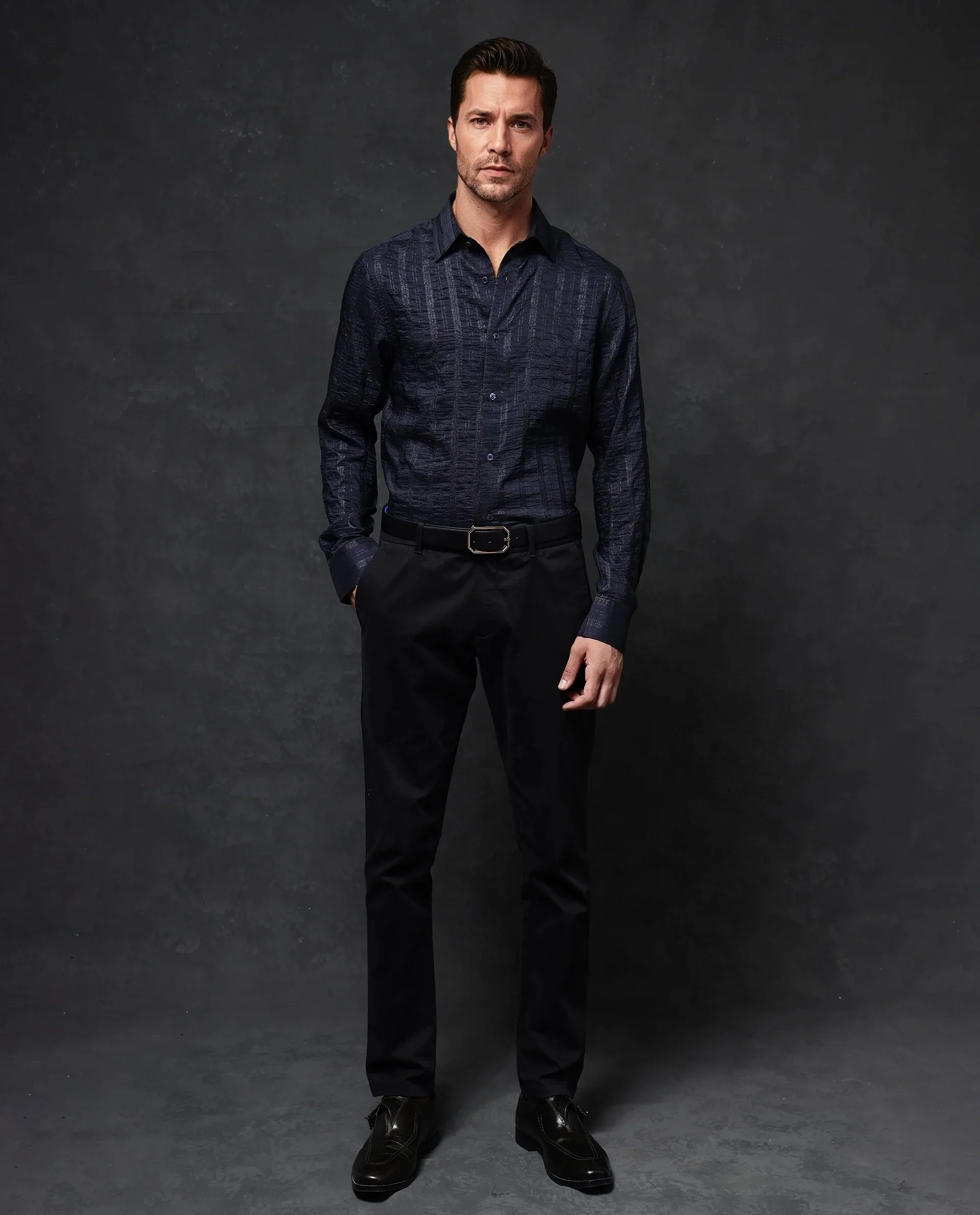 Rare Rabbit Men's Runek-2 Dark Navy Cotton Striped Print Regular Fit Full Sleeve Collared Shirt - Image 3