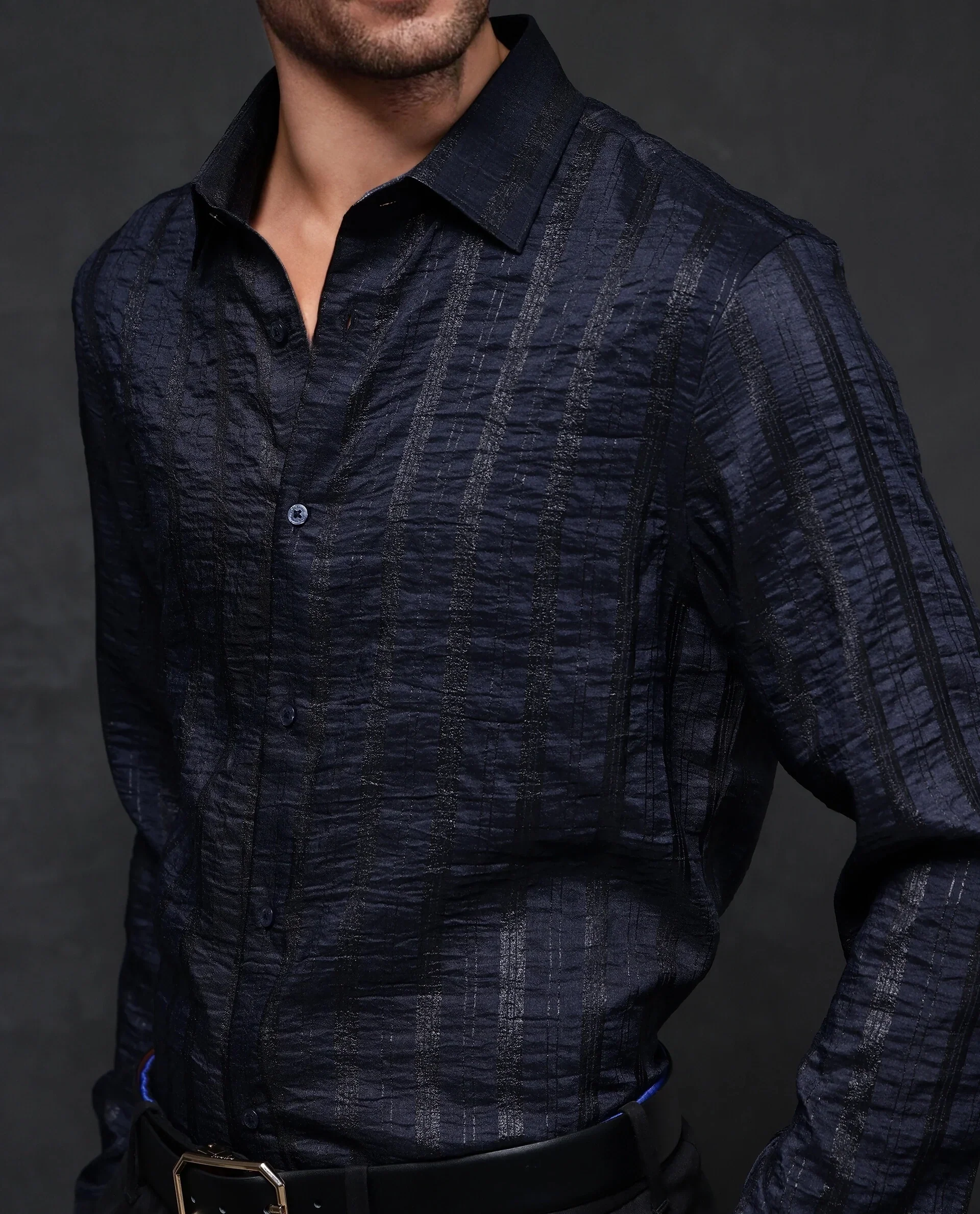 Rare Rabbit Men's Runek-2 Dark Navy Cotton Striped Print Regular Fit Full Sleeve Collared Shirt - Image 6