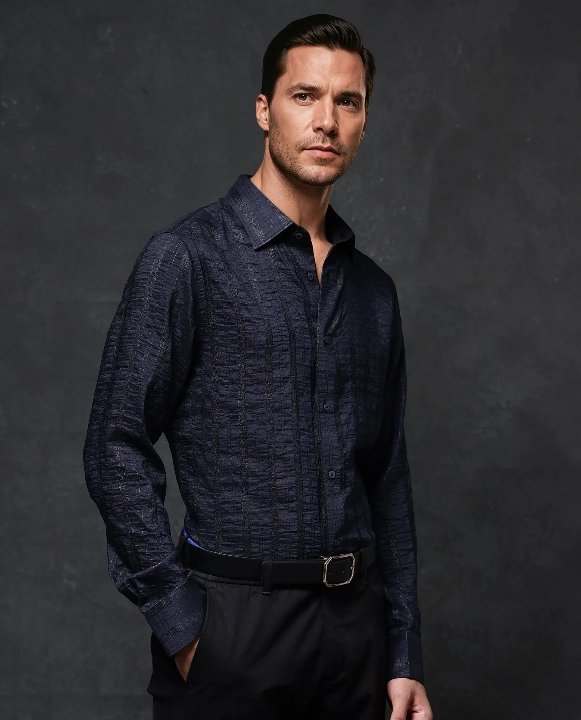 Rare Rabbit Men's Runek-2 Dark Navy Cotton Striped Print Regular Fit Full Sleeve Collared Shirt - Image 7