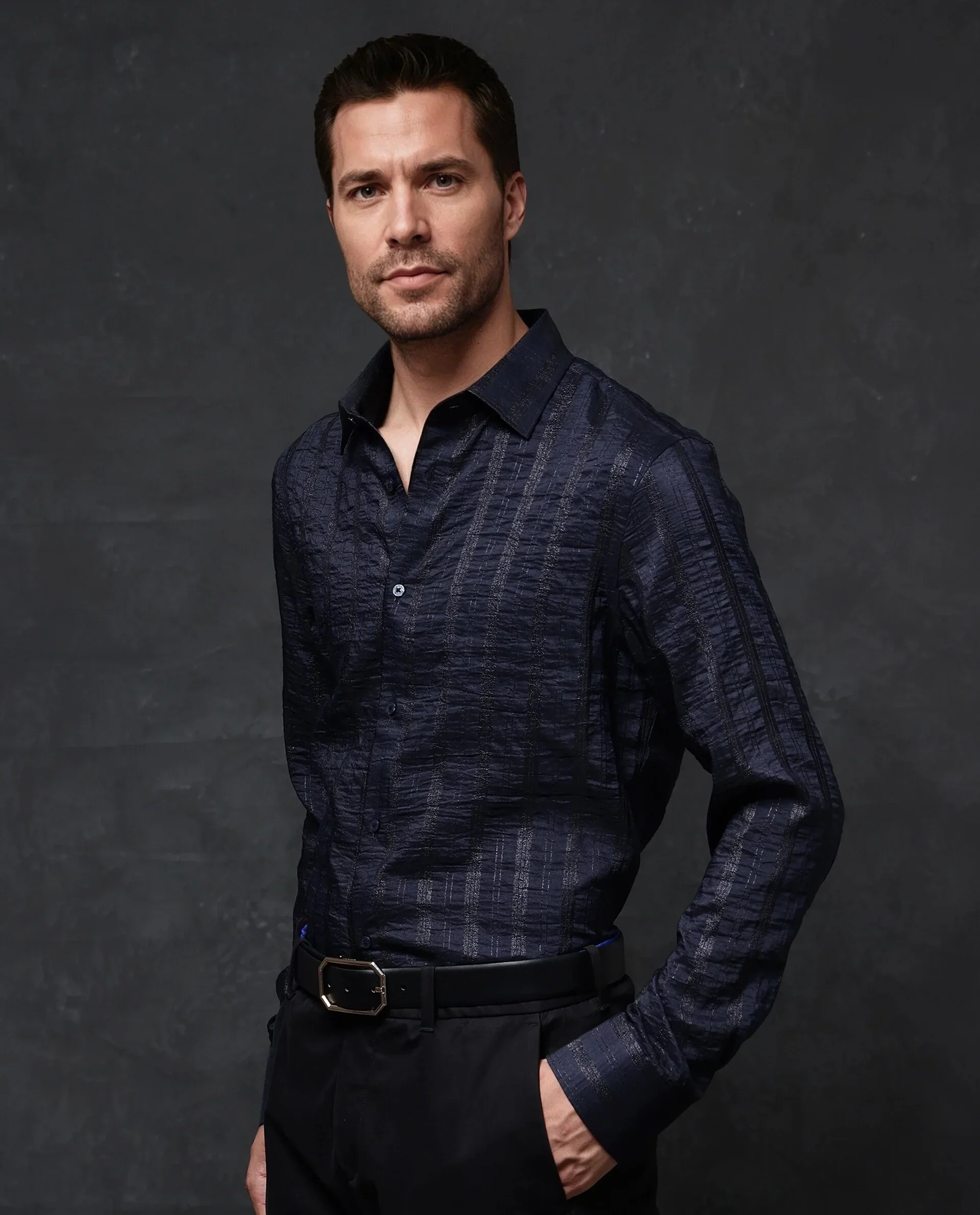 Rare Rabbit Men's Runek-2 Dark Navy Cotton Striped Print Regular Fit Full Sleeve Collared Shirt - Image 8