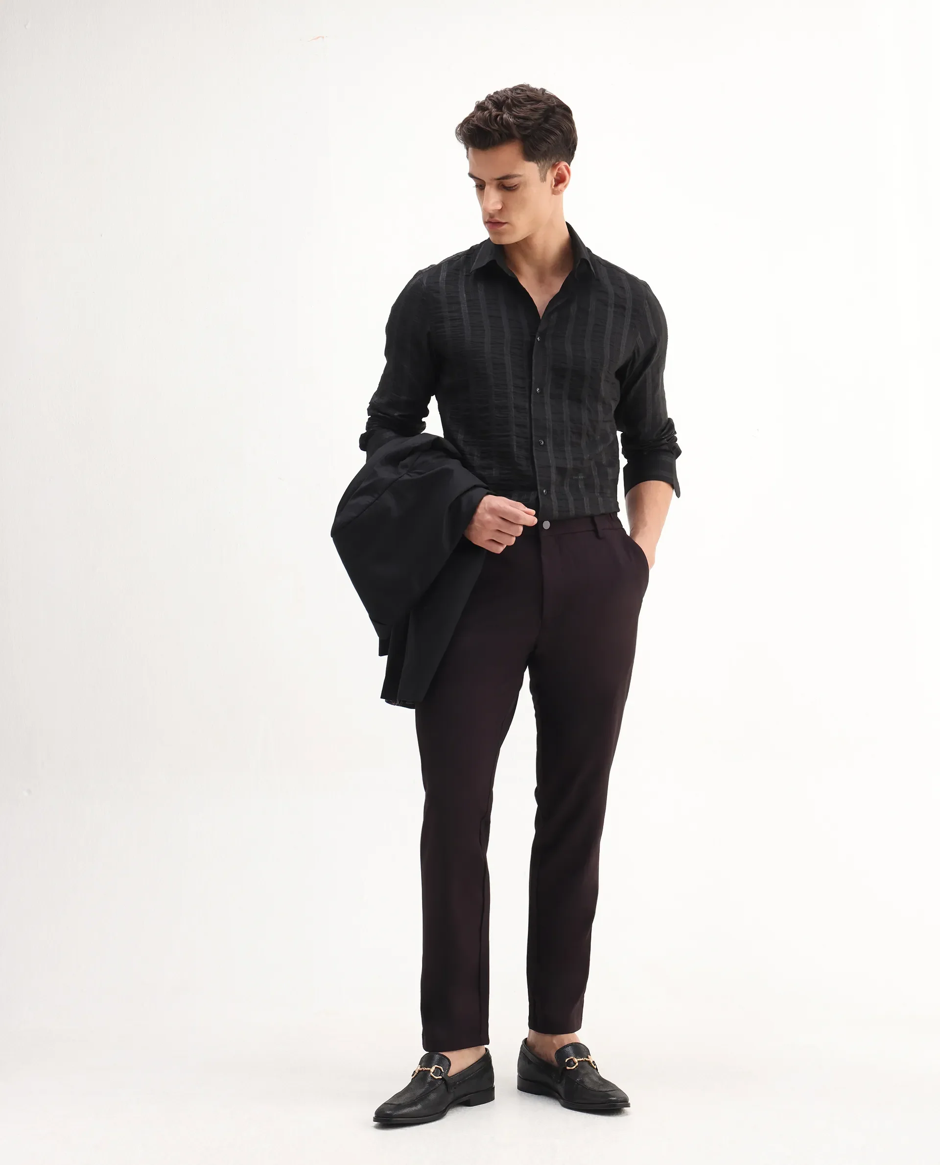 Rare Rabbit Men's Runek-25 Black Polyester Striped Print Regular Fit Full Sleeve Collared Shirt - Image 2