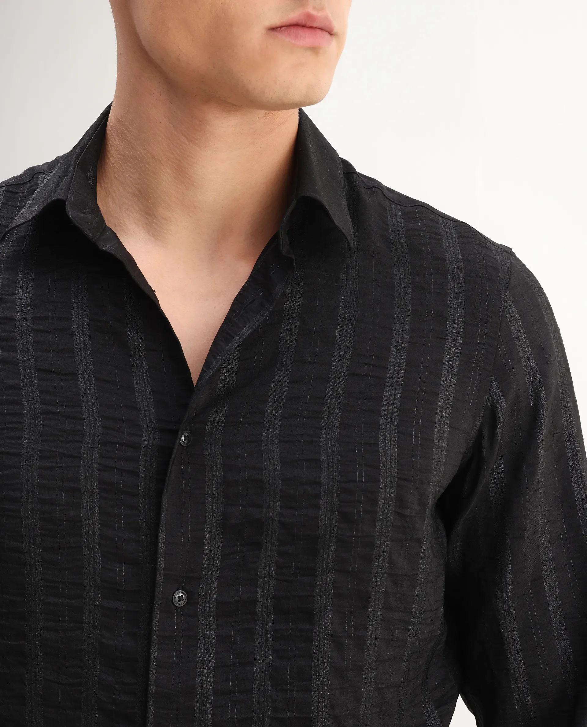 Rare Rabbit Men's Runek-25 Black Polyester Striped Print Regular Fit Full Sleeve Collared Shirt - Image 4