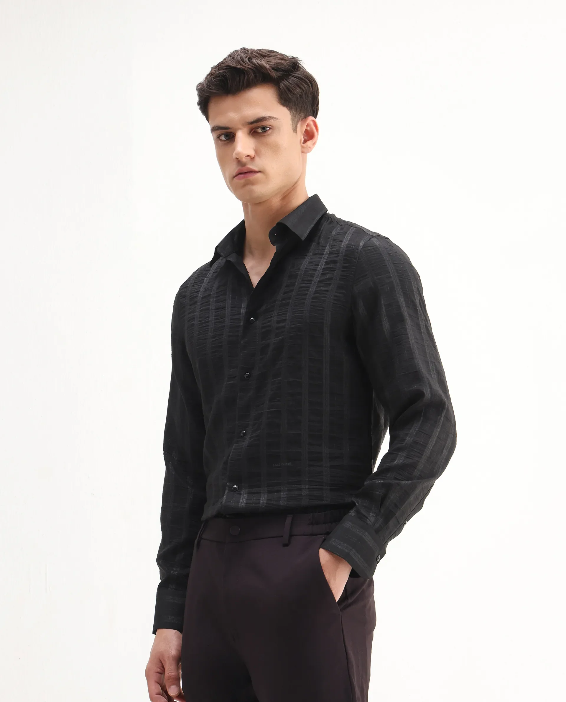 Rare Rabbit Men's Runek-25 Black Polyester Striped Print Regular Fit Full Sleeve Collared Shirt - Image 5