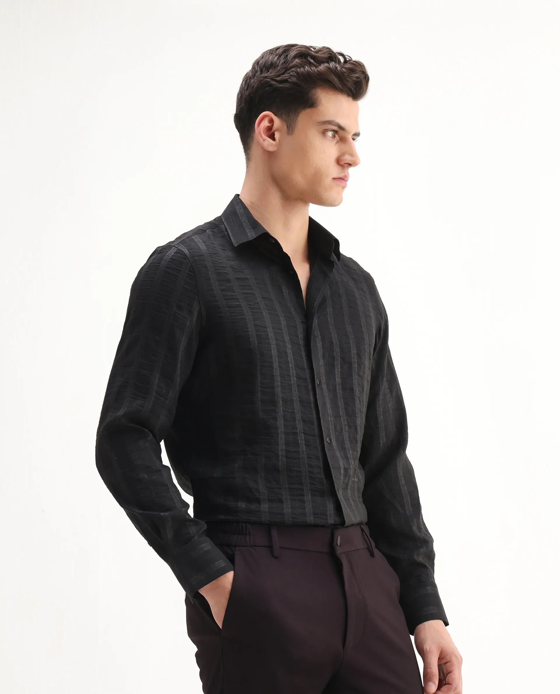 Rare Rabbit Men's Runek-25 Black Polyester Striped Print Regular Fit Full Sleeve Collared Shirt - Image 6
