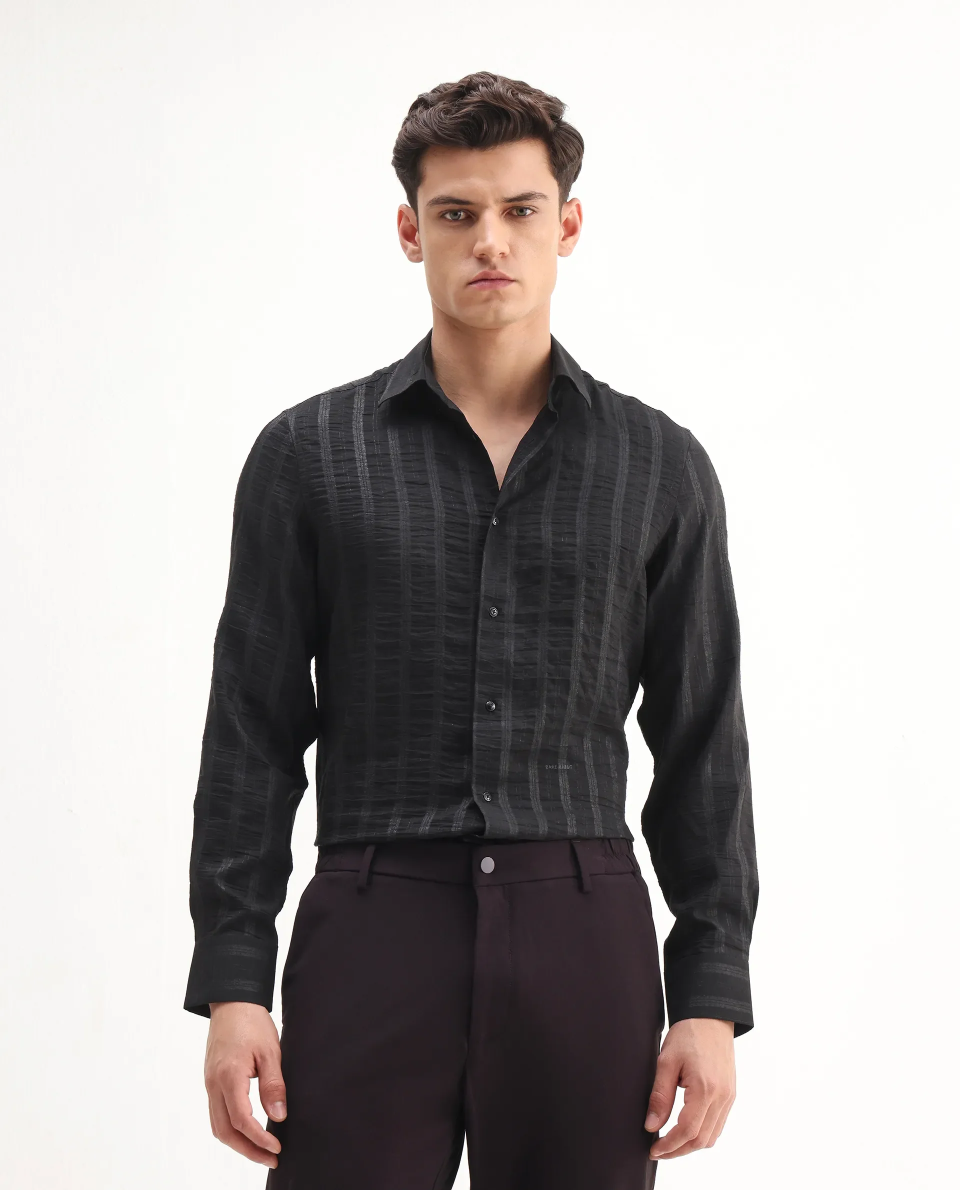 Rare Rabbit Men's Runek-25 Black Polyester Striped Print Regular Fit Full Sleeve Collared Shirt - Image 7