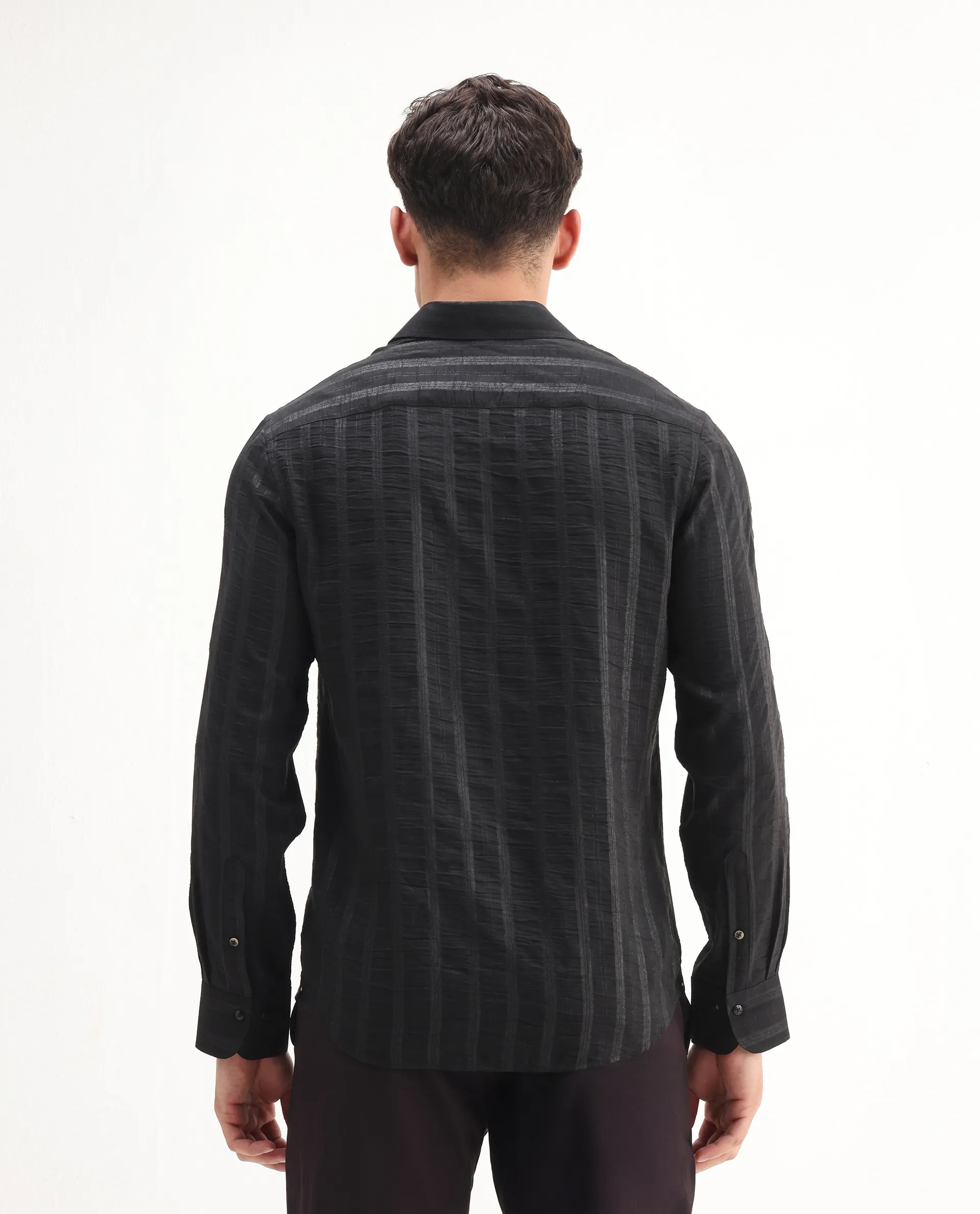 Rare Rabbit Men's Runek-25 Black Polyester Striped Print Regular Fit Full Sleeve Collared Shirt - Image 8