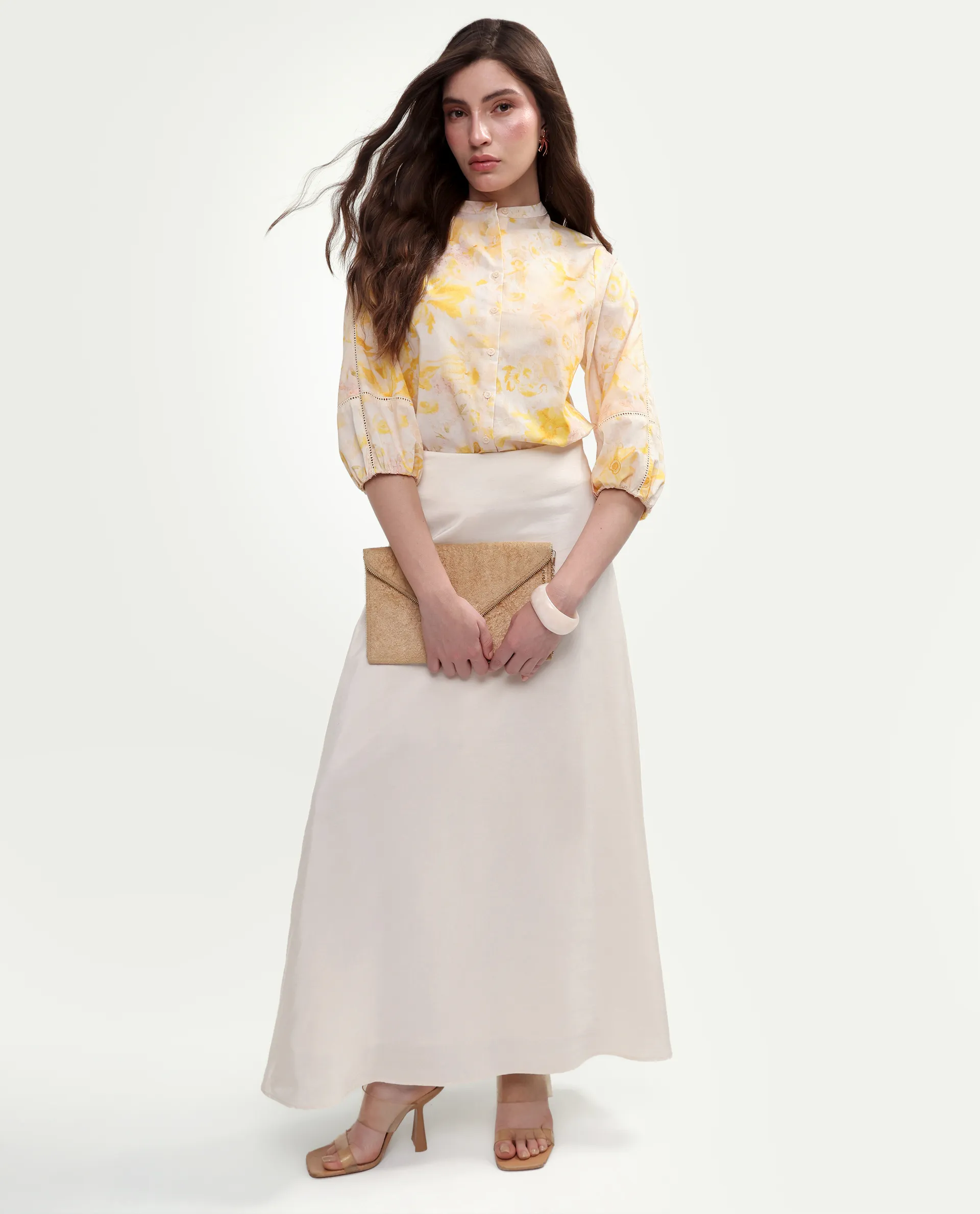 Rareism Women's Runes Yellow Cotton Band Collar Regular Floral Print Top - Image 2
