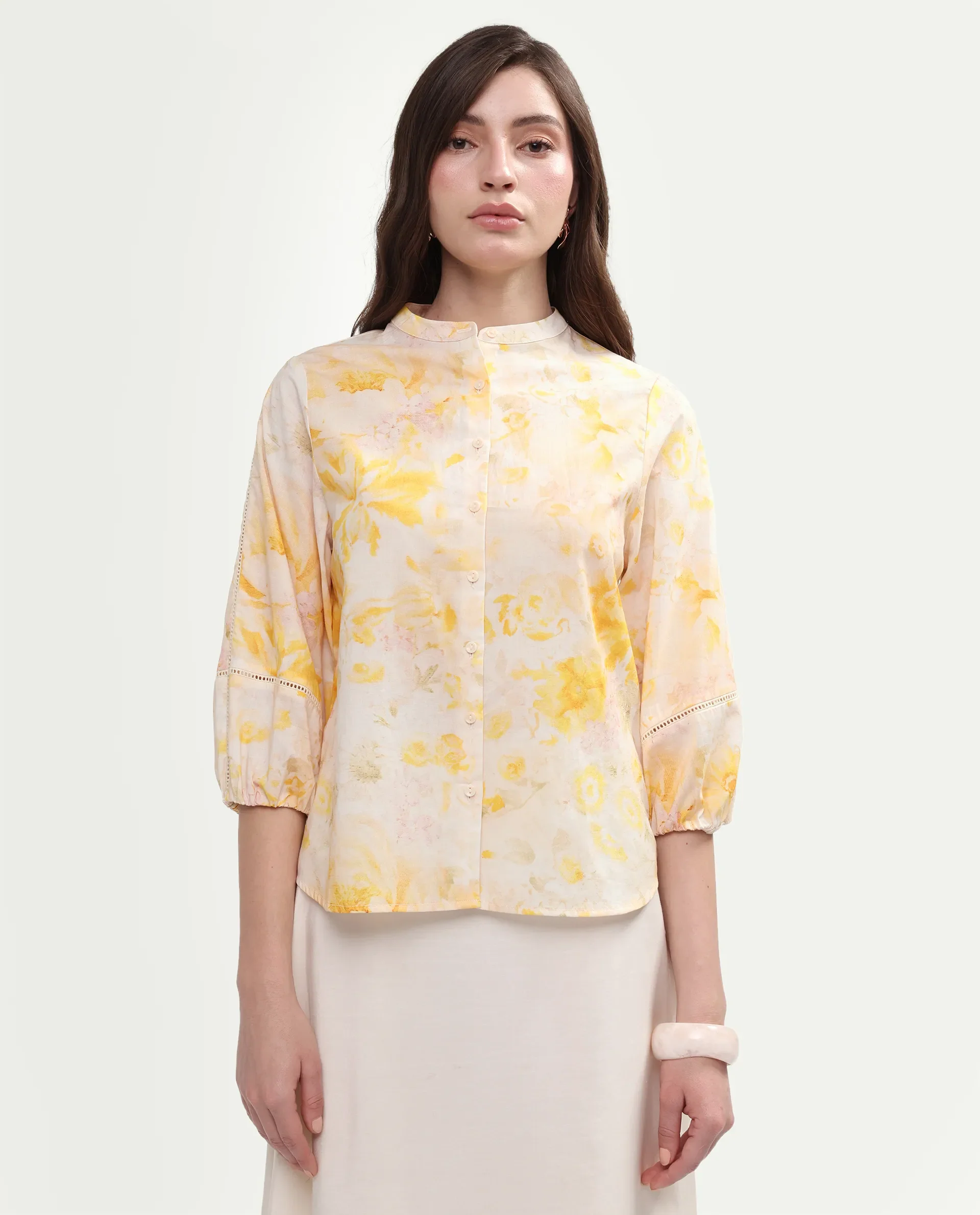 Rareism Women's Runes Yellow Cotton Band Collar Regular Floral Print Top - Image 3