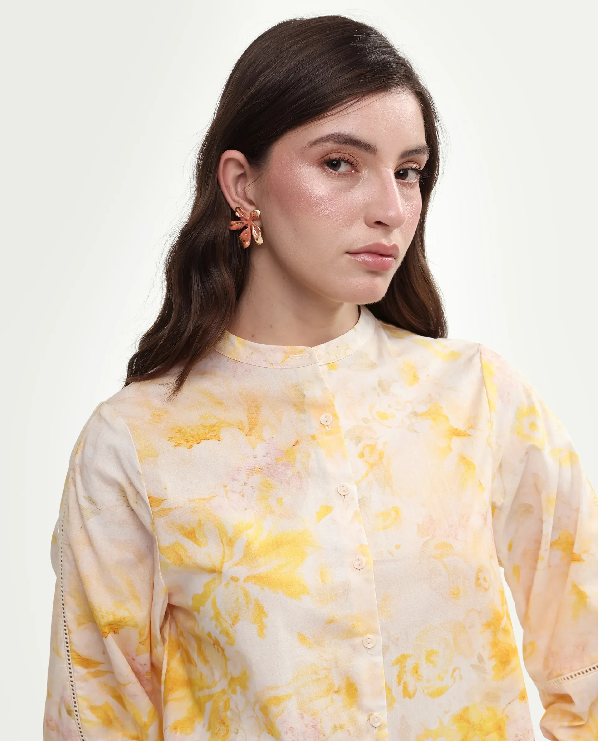 Rareism Women's Runes Yellow Cotton Band Collar Regular Floral Print Top - Image 4