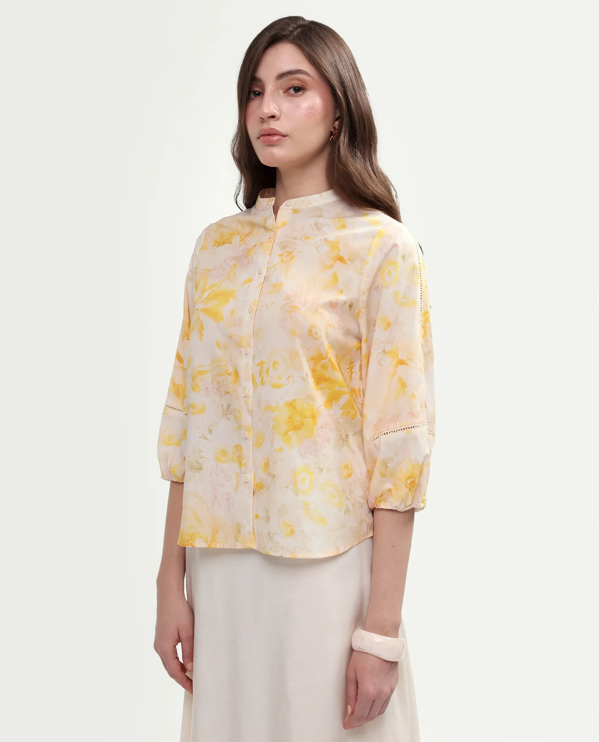 Rareism Women's Runes Yellow Cotton Band Collar Regular Floral Print Top - Image 5