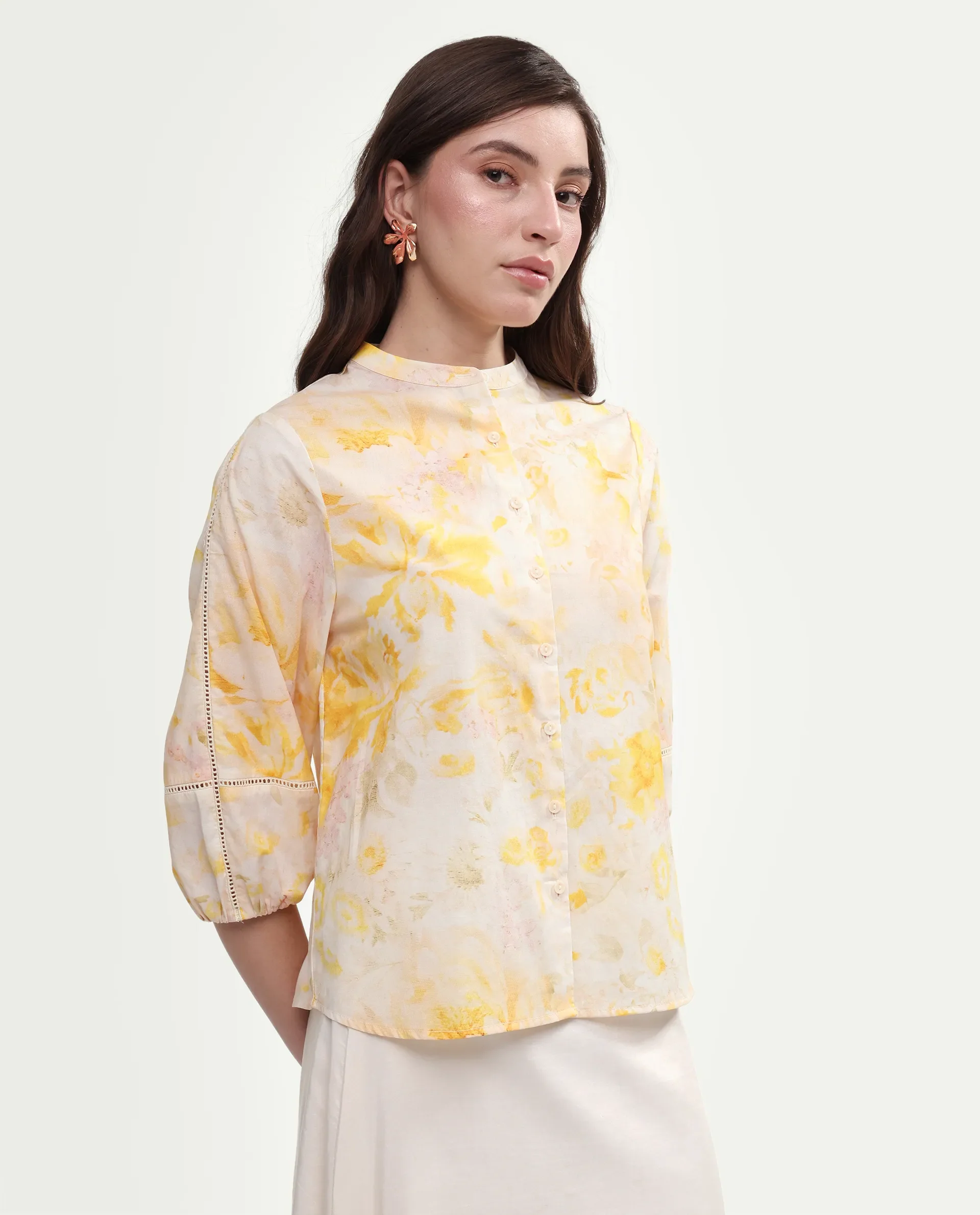 Rareism Women's Runes Yellow Cotton Band Collar Regular Floral Print Top - Image 6