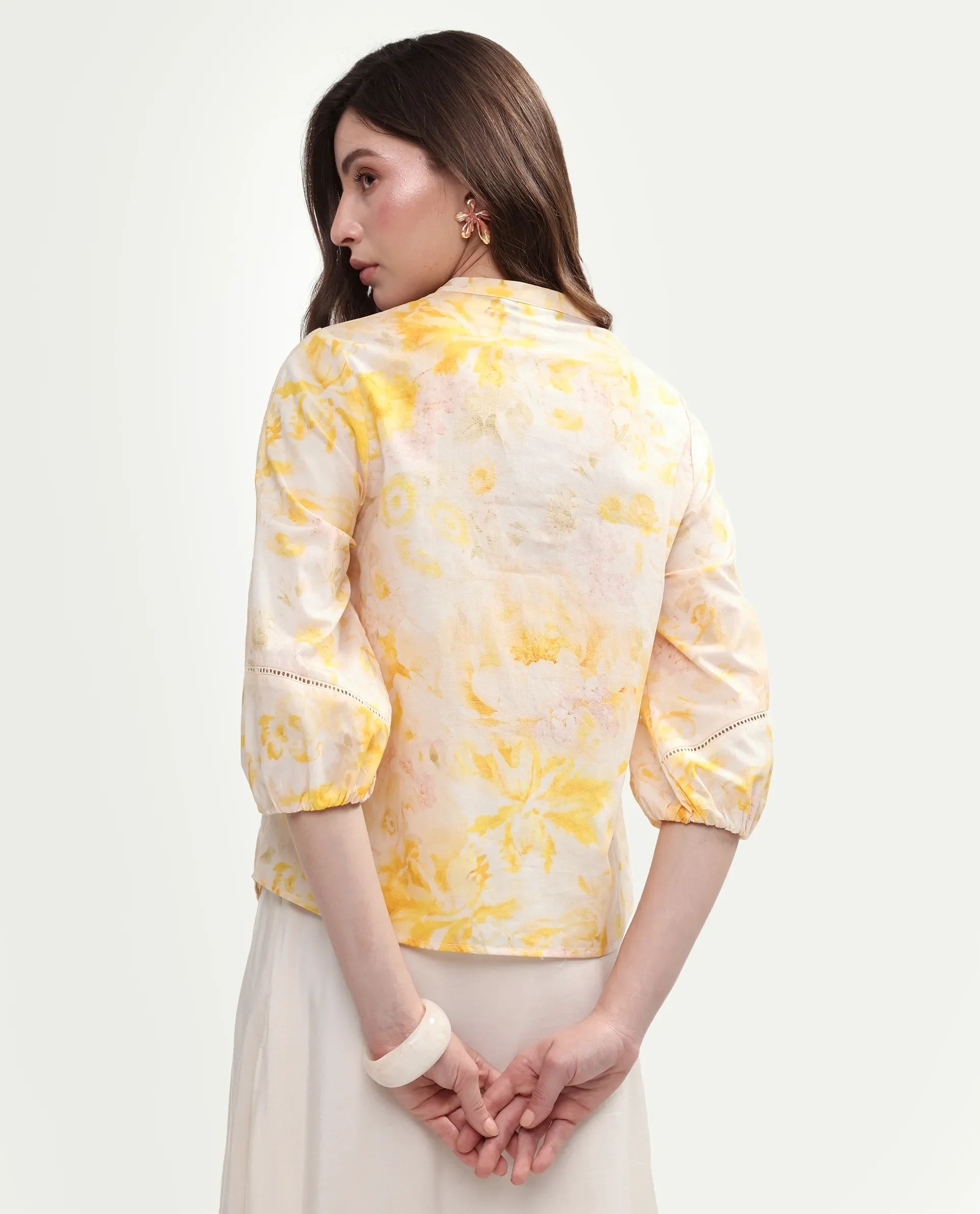Rareism Women's Runes Yellow Cotton Band Collar Regular Floral Print Top - Image 7