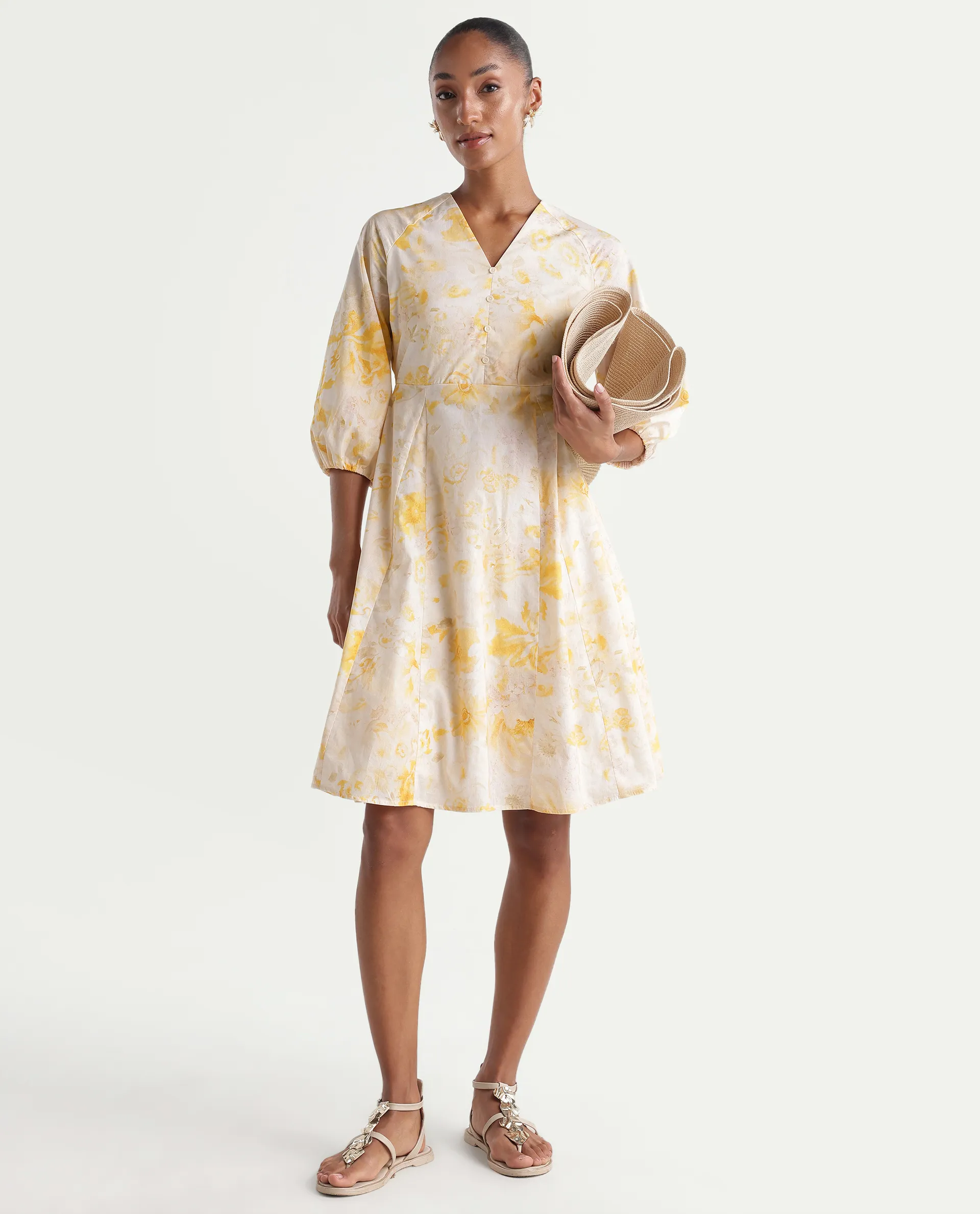 Rareism Women's Runet Yellow Cotton Fabric V-Neck Fit And Flare Floral Print Dress - Image 2
