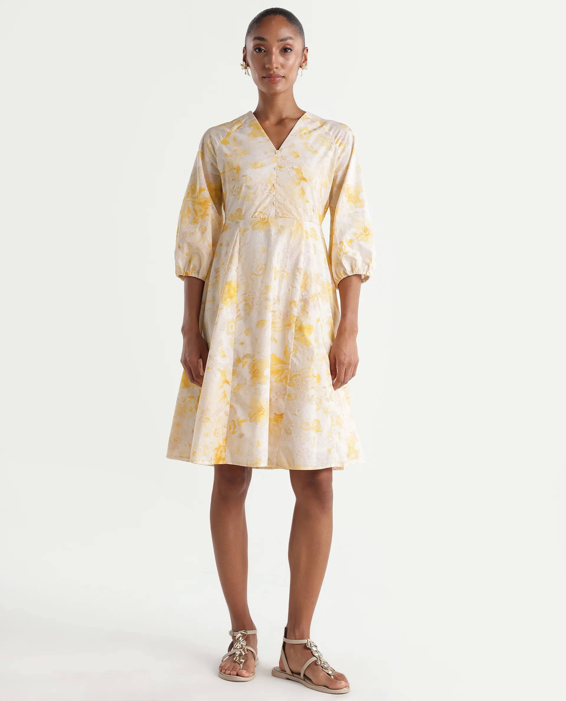 Rareism Women's Runet Yellow Cotton Fabric V-Neck Fit And Flare Floral Print Dress - Image 3