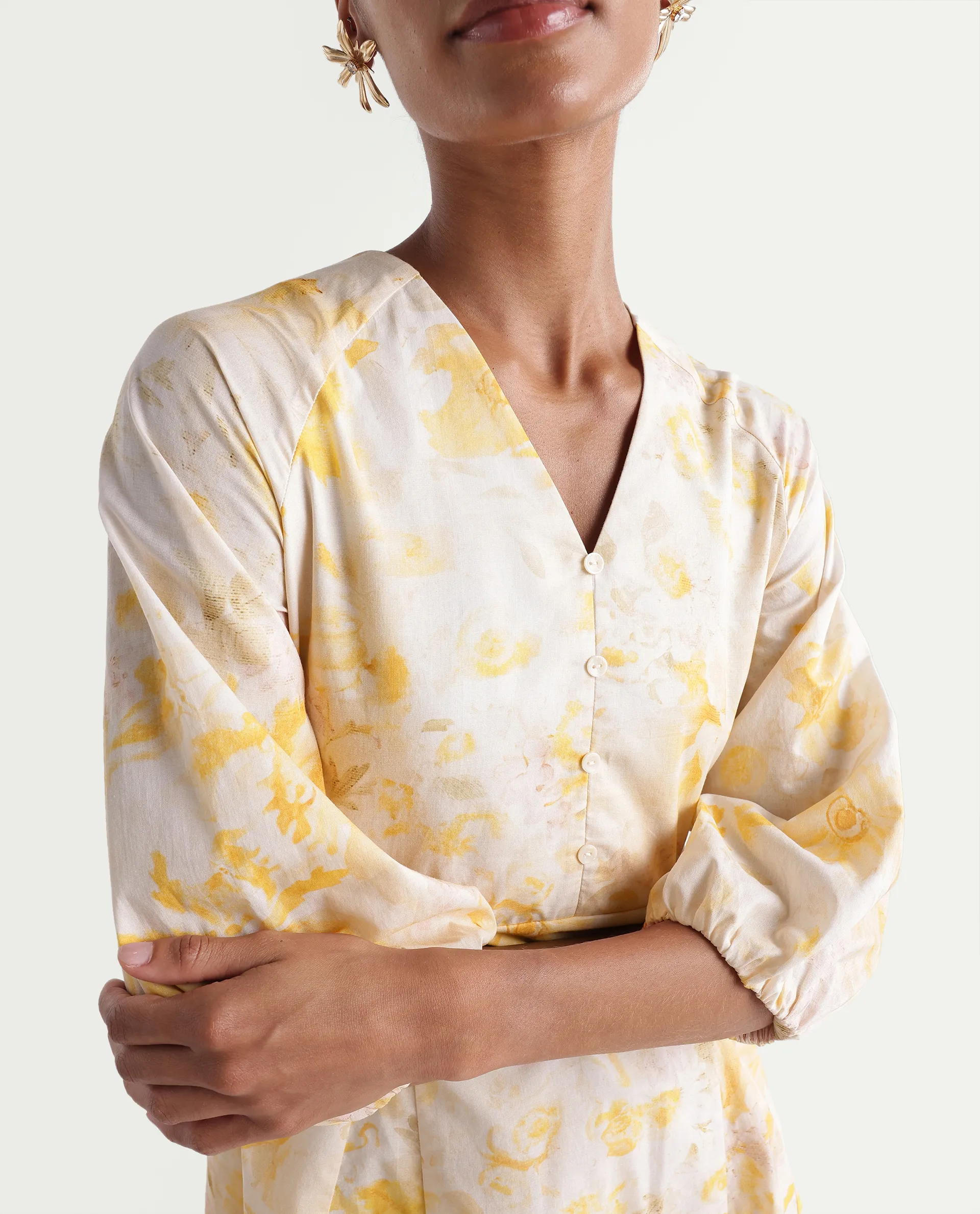 Rareism Women's Runet Yellow Cotton Fabric V-Neck Fit And Flare Floral Print Dress - Image 4