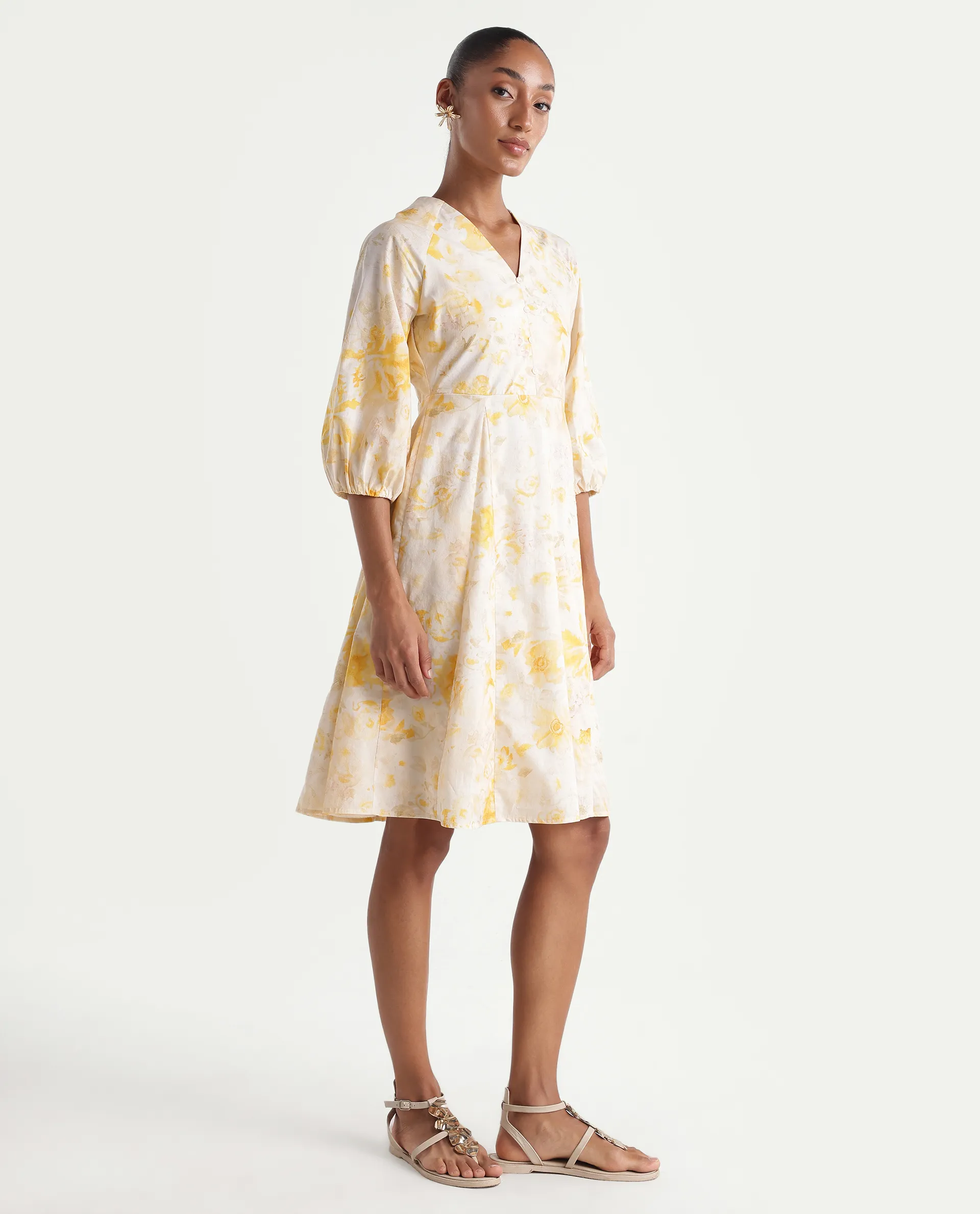 Rareism Women's Runet Yellow Cotton Fabric V-Neck Fit And Flare Floral Print Dress - Image 5