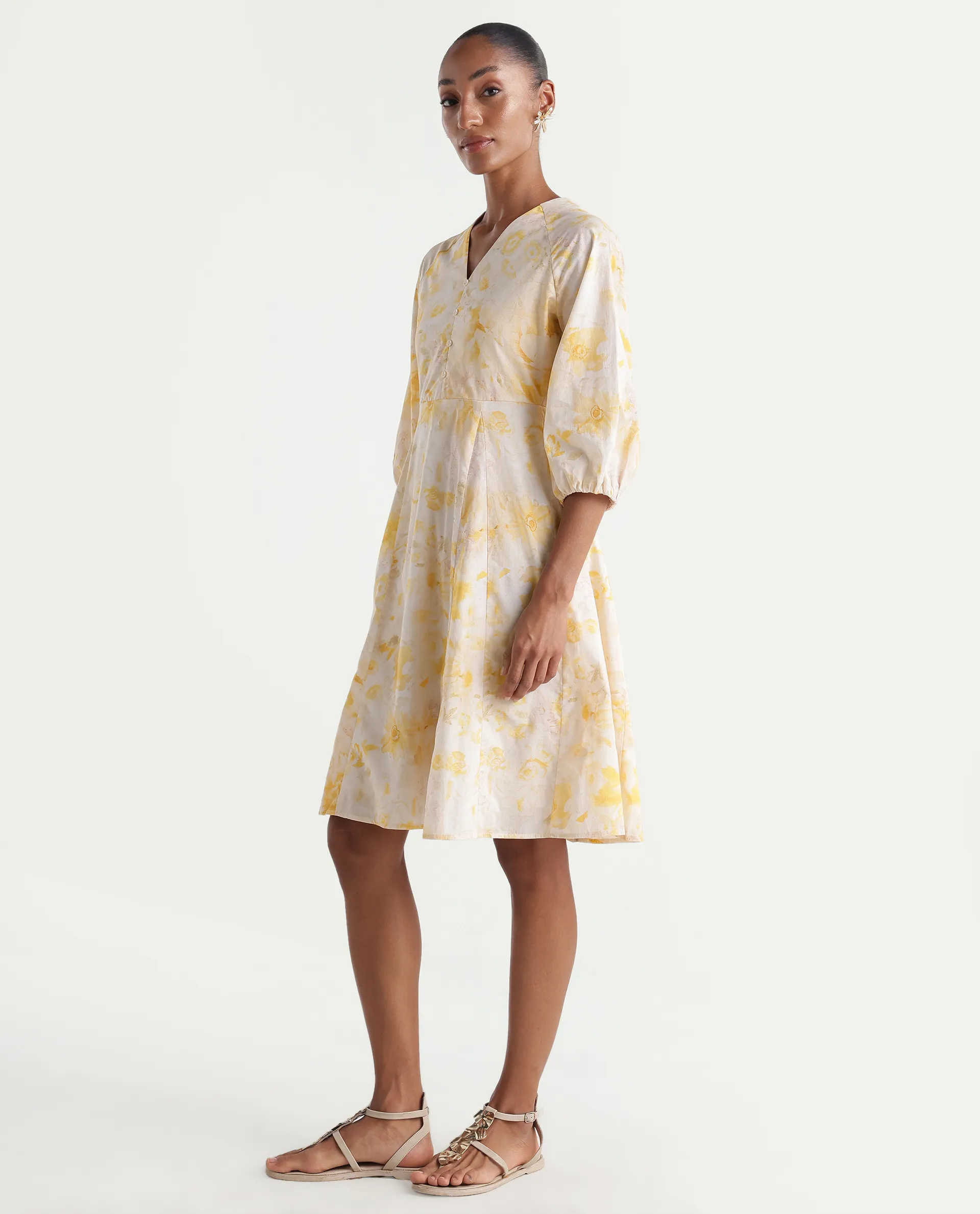 Rareism Women's Runet Yellow Cotton Fabric V-Neck Fit And Flare Floral Print Dress - Image 6