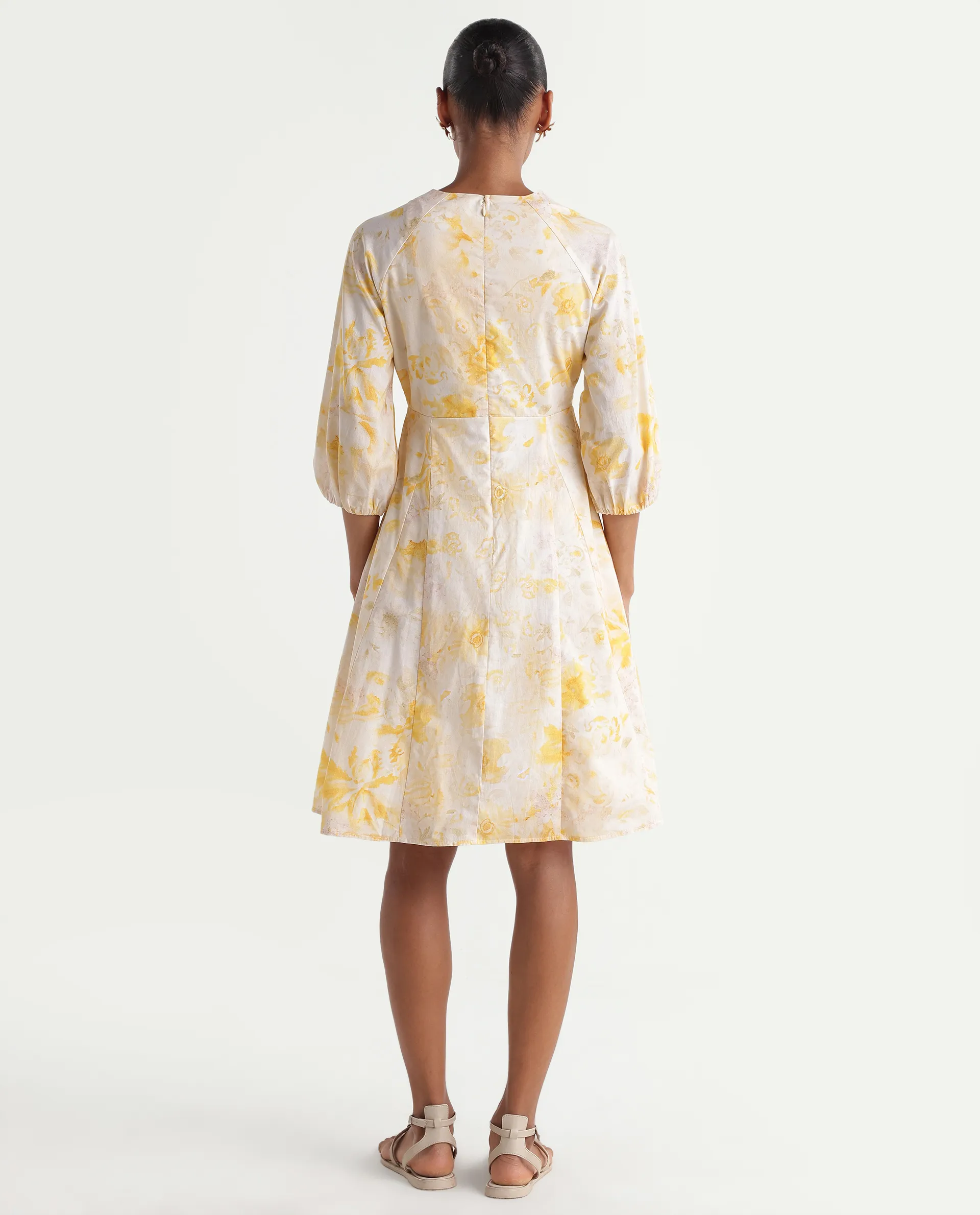 Rareism Women's Runet Yellow Cotton Fabric V-Neck Fit And Flare Floral Print Dress - Image 7
