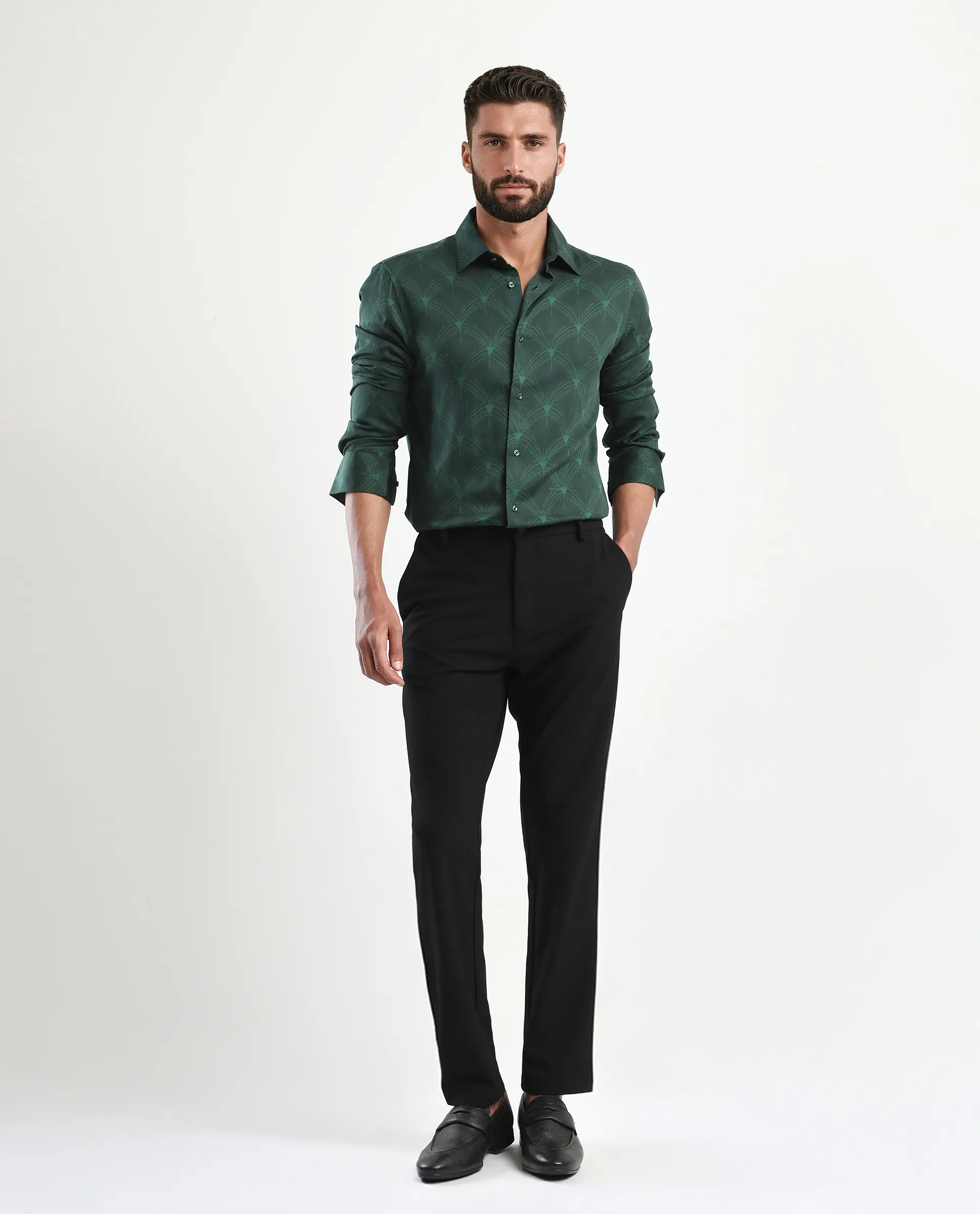 Rare Rabbit Men's Runi Green Cotton Blend Decorative Print Regular Fit Full Sleeve Collared Shirt - Image 2