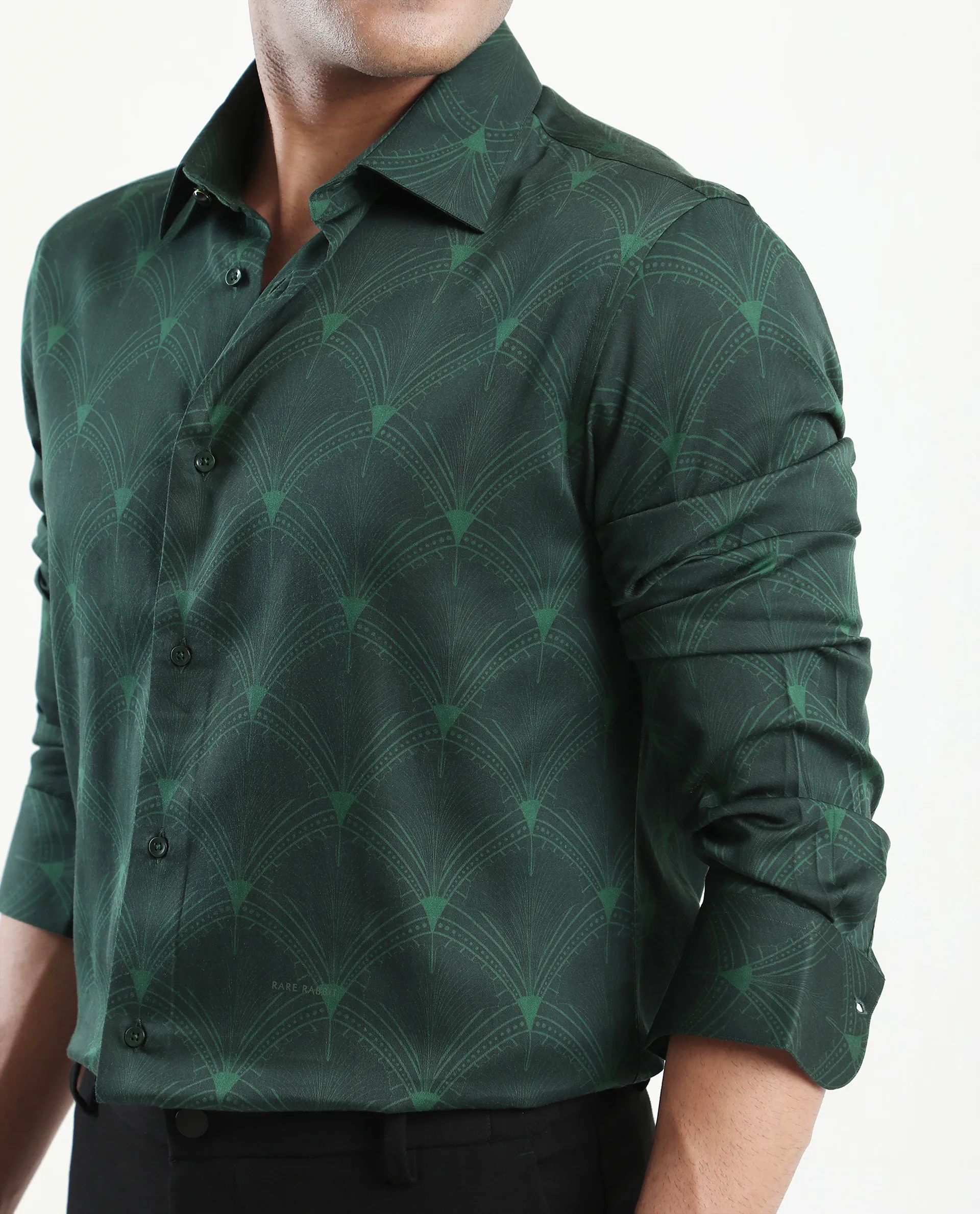 Rare Rabbit Men's Runi Green Cotton Blend Decorative Print Regular Fit Full Sleeve Collared Shirt - Image 3