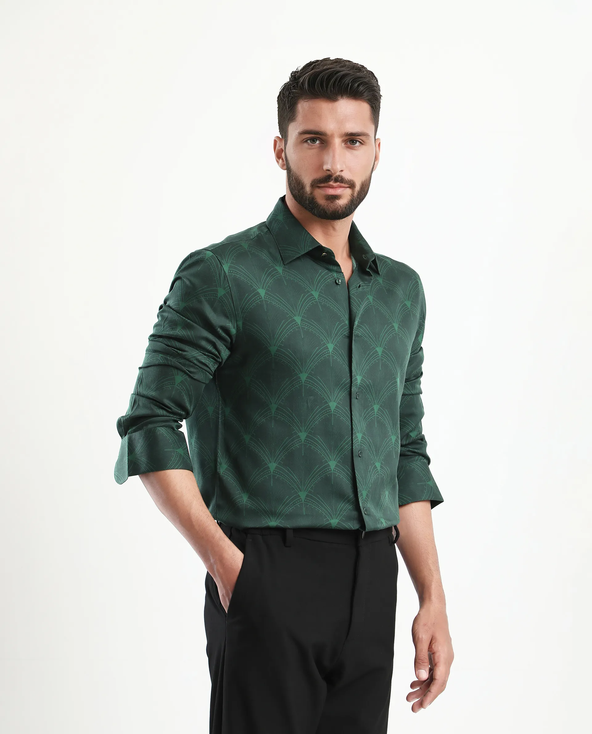 Rare Rabbit Men's Runi Green Cotton Blend Decorative Print Regular Fit Full Sleeve Collared Shirt - Image 4