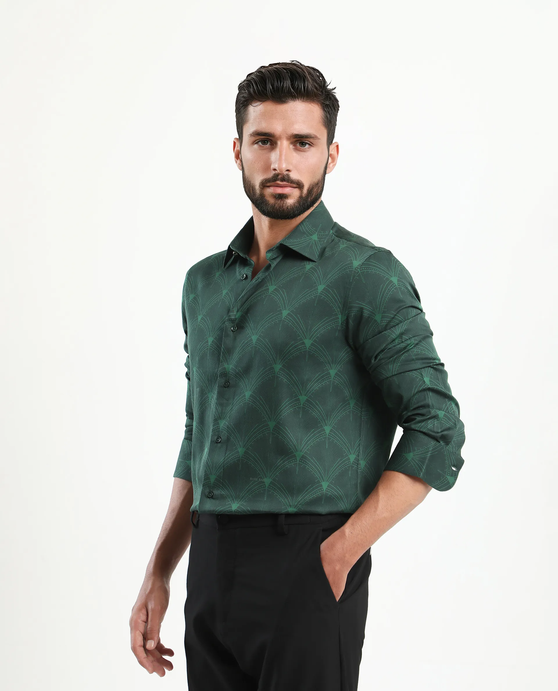 Rare Rabbit Men's Runi Green Cotton Blend Decorative Print Regular Fit Full Sleeve Collared Shirt - Image 5