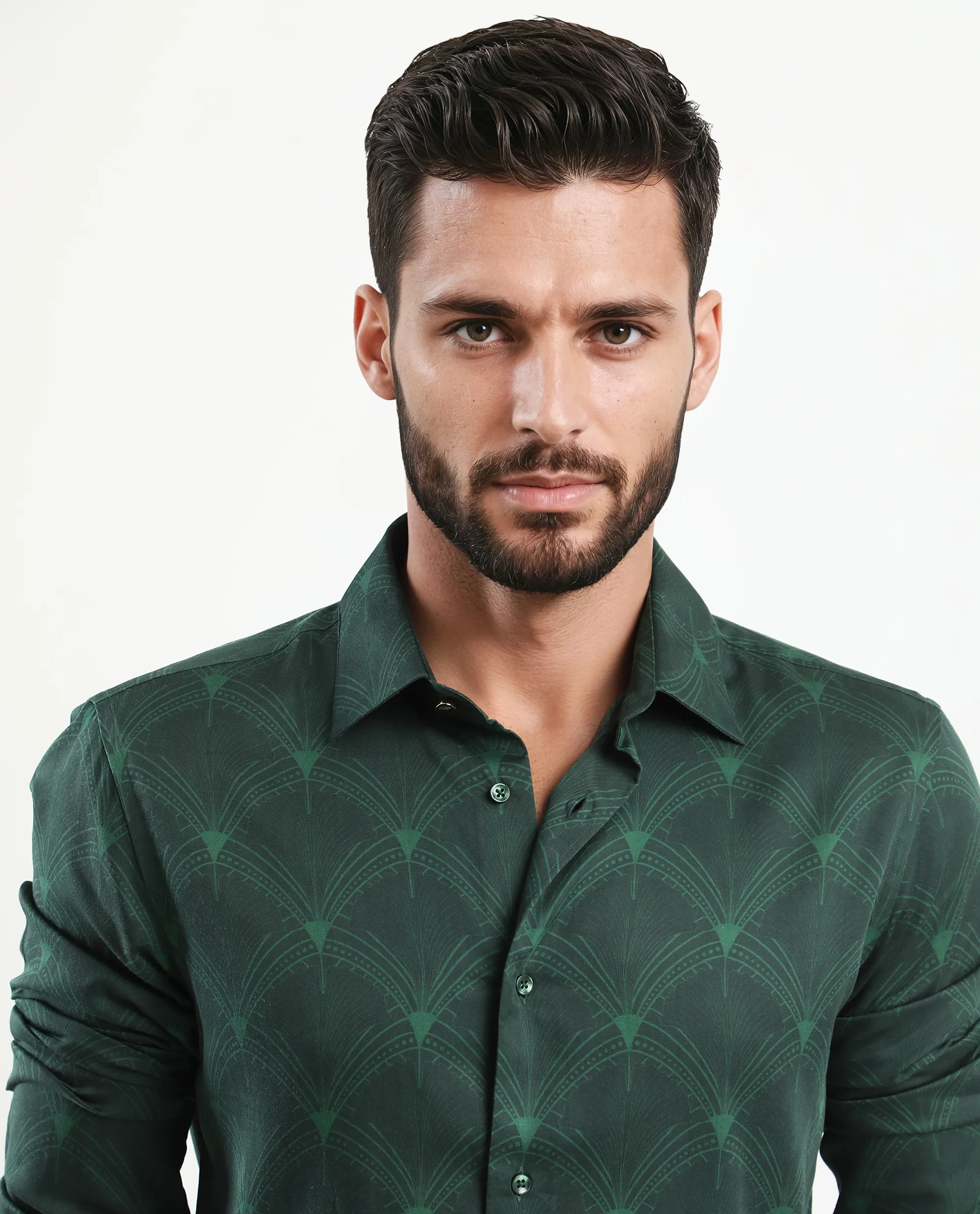 Rare Rabbit Men's Runi Green Cotton Blend Decorative Print Regular Fit Full Sleeve Collared Shirt - Image 6