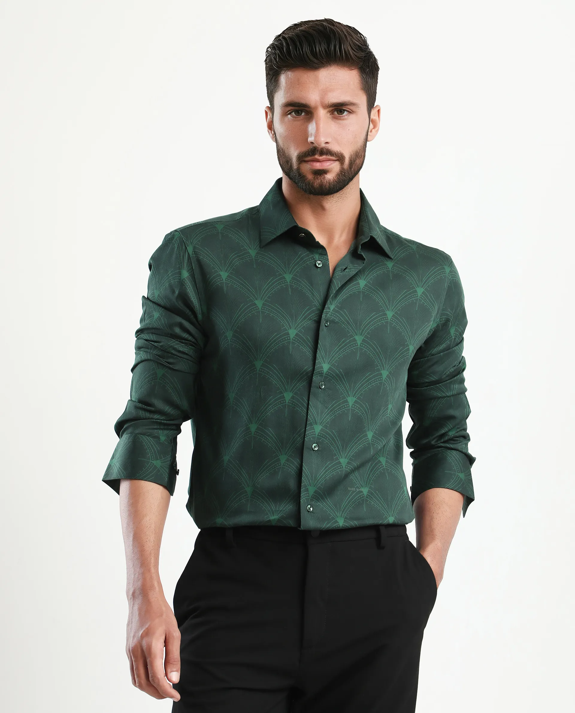 Rare Rabbit Men's Runi Green Cotton Blend Decorative Print Regular Fit Full Sleeve Collared Shirt - Image 7