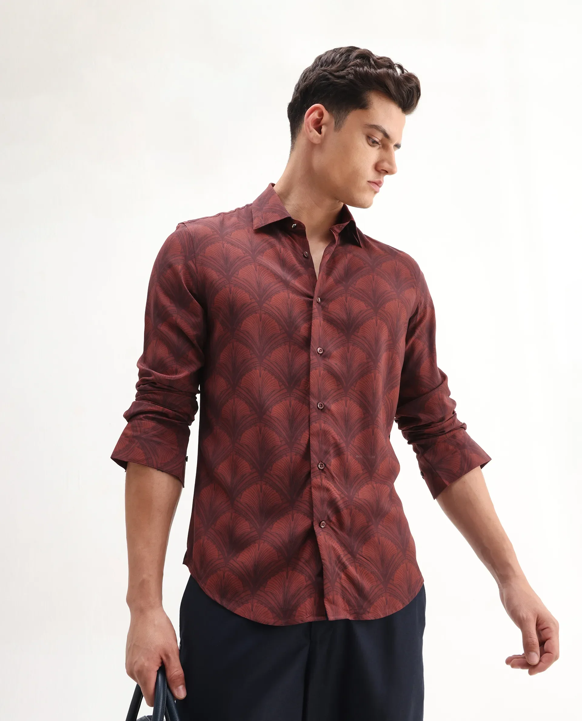 Rare Rabbit Men's Runi Red Cotton Blend Decorative Print Regular Fit Full Sleeve Collared Shirt