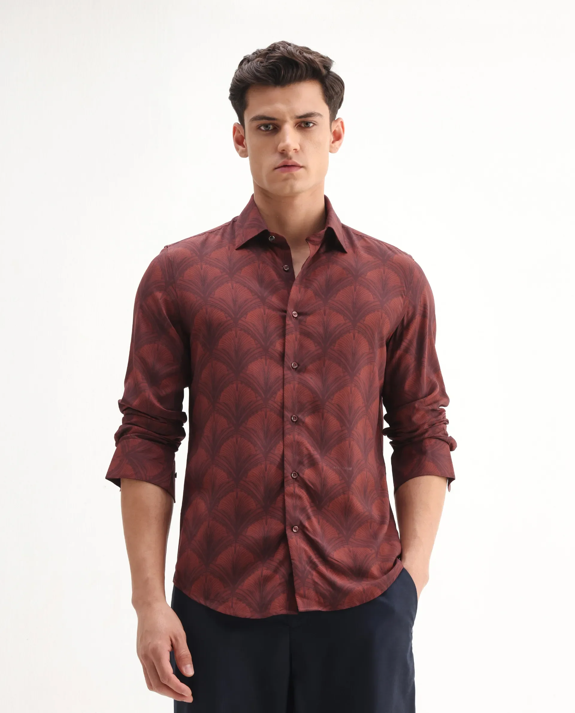 Rare Rabbit Men's Runi Red Cotton Blend Decorative Print Regular Fit Full Sleeve Collared Shirt - Image 4