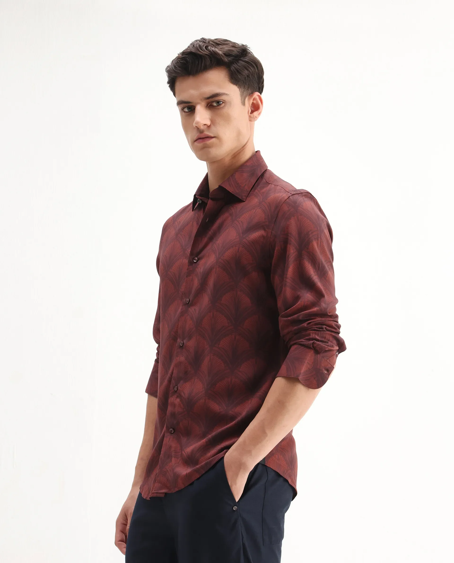 Rare Rabbit Men's Runi Red Cotton Blend Decorative Print Regular Fit Full Sleeve Collared Shirt - Image 5