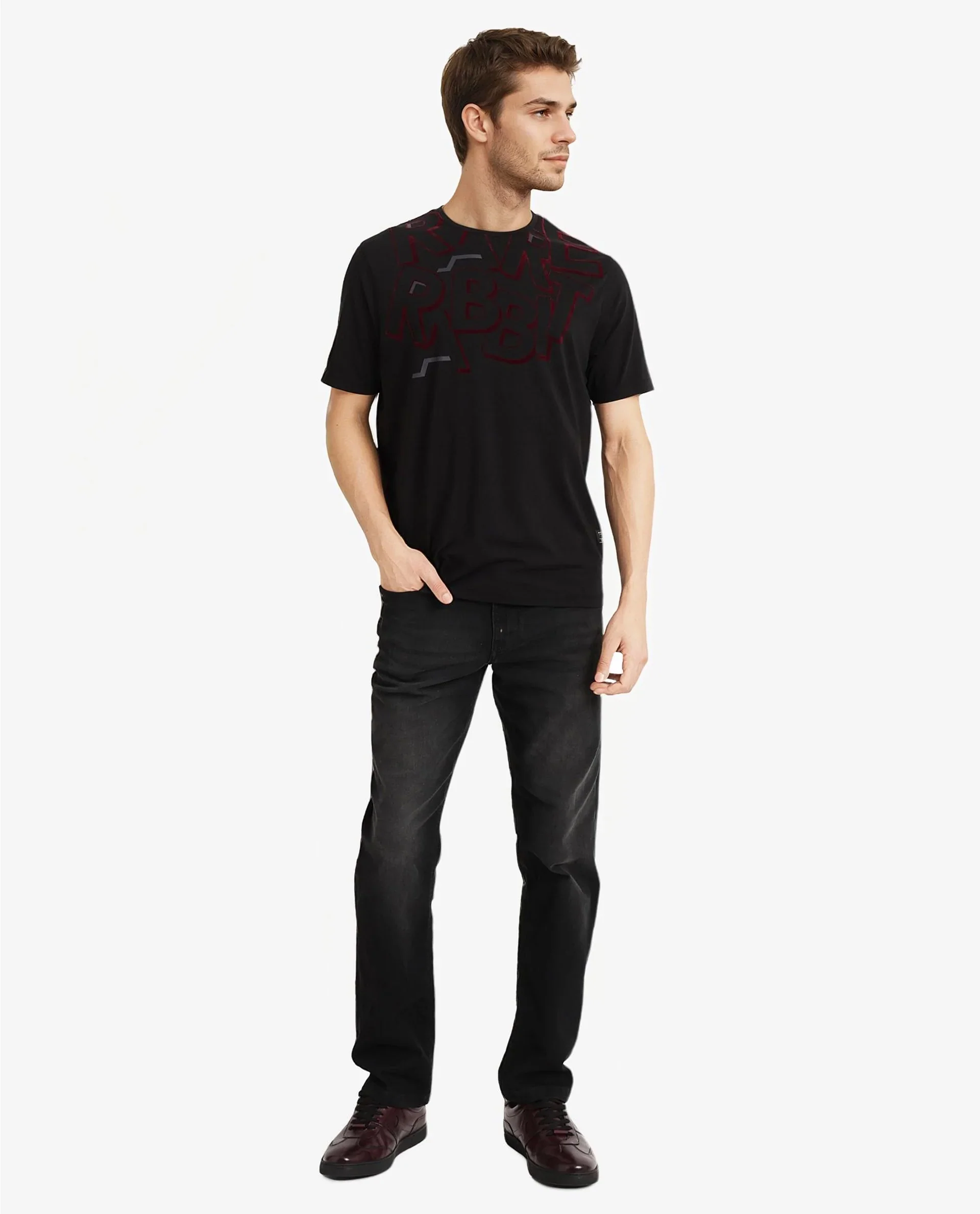 Rare Rabbit Men's Runi Black Cotton Blend Graphic Print Regular Fit Half Sleeve Crew Neck T-Shirt - Image 3