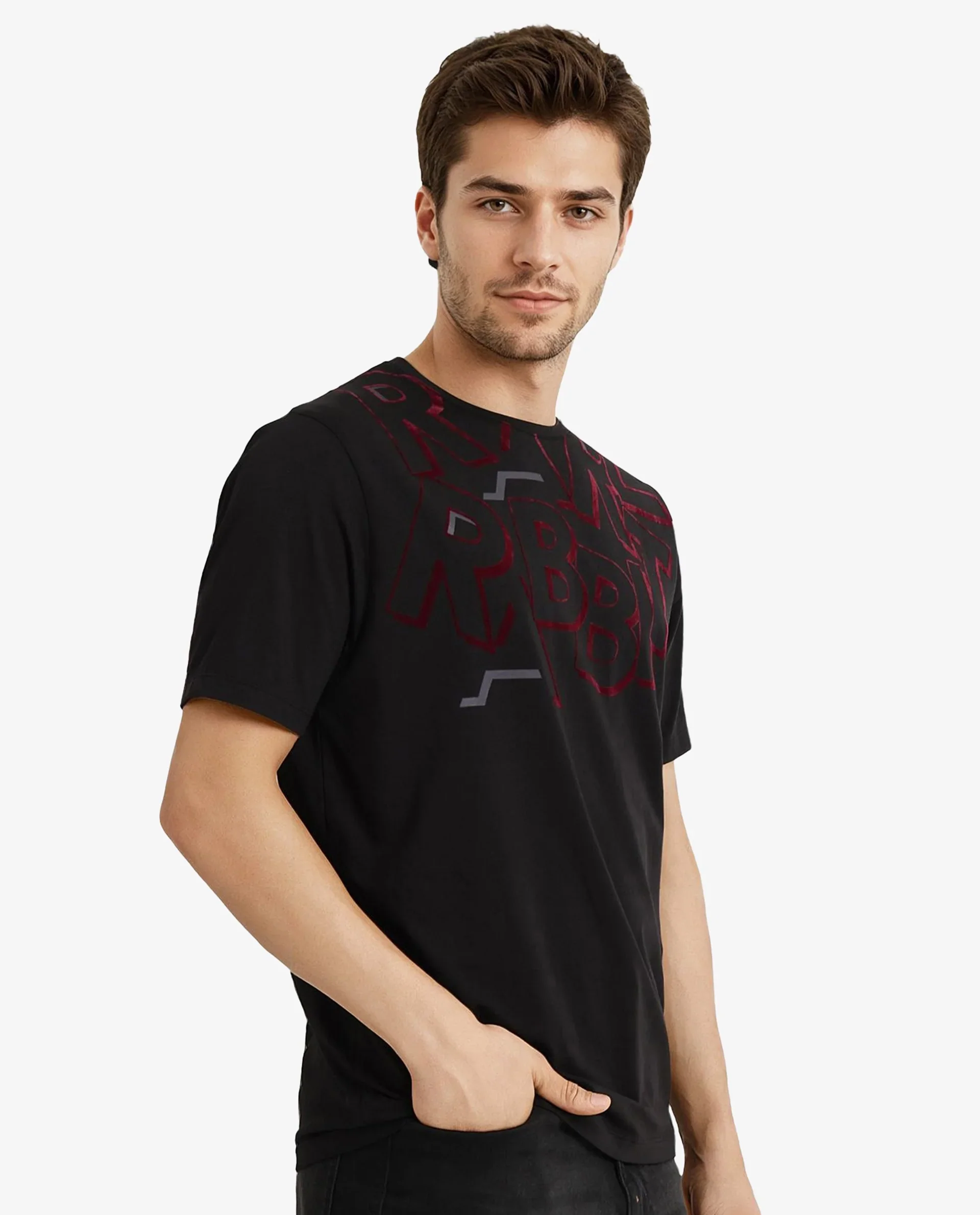 Rare Rabbit Men's Runi Black Cotton Blend Graphic Print Regular Fit Half Sleeve Crew Neck T-Shirt - Image 4
