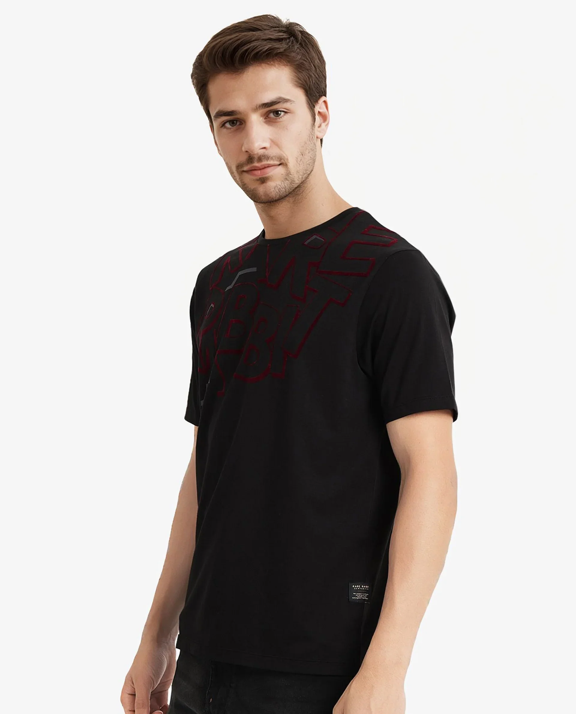 Rare Rabbit Men's Runi Black Cotton Blend Graphic Print Regular Fit Half Sleeve Crew Neck T-Shirt - Image 7