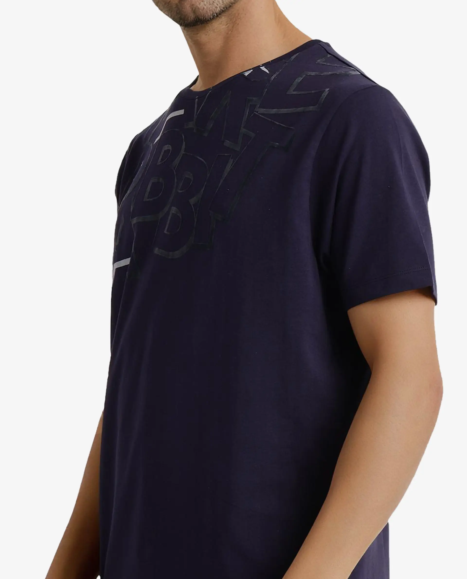 Rare Rabbit Men's Runi Navy Cotton Blend Graphic Print Regular Fit Half Sleeve Crew Neck T-Shirt - Image 2