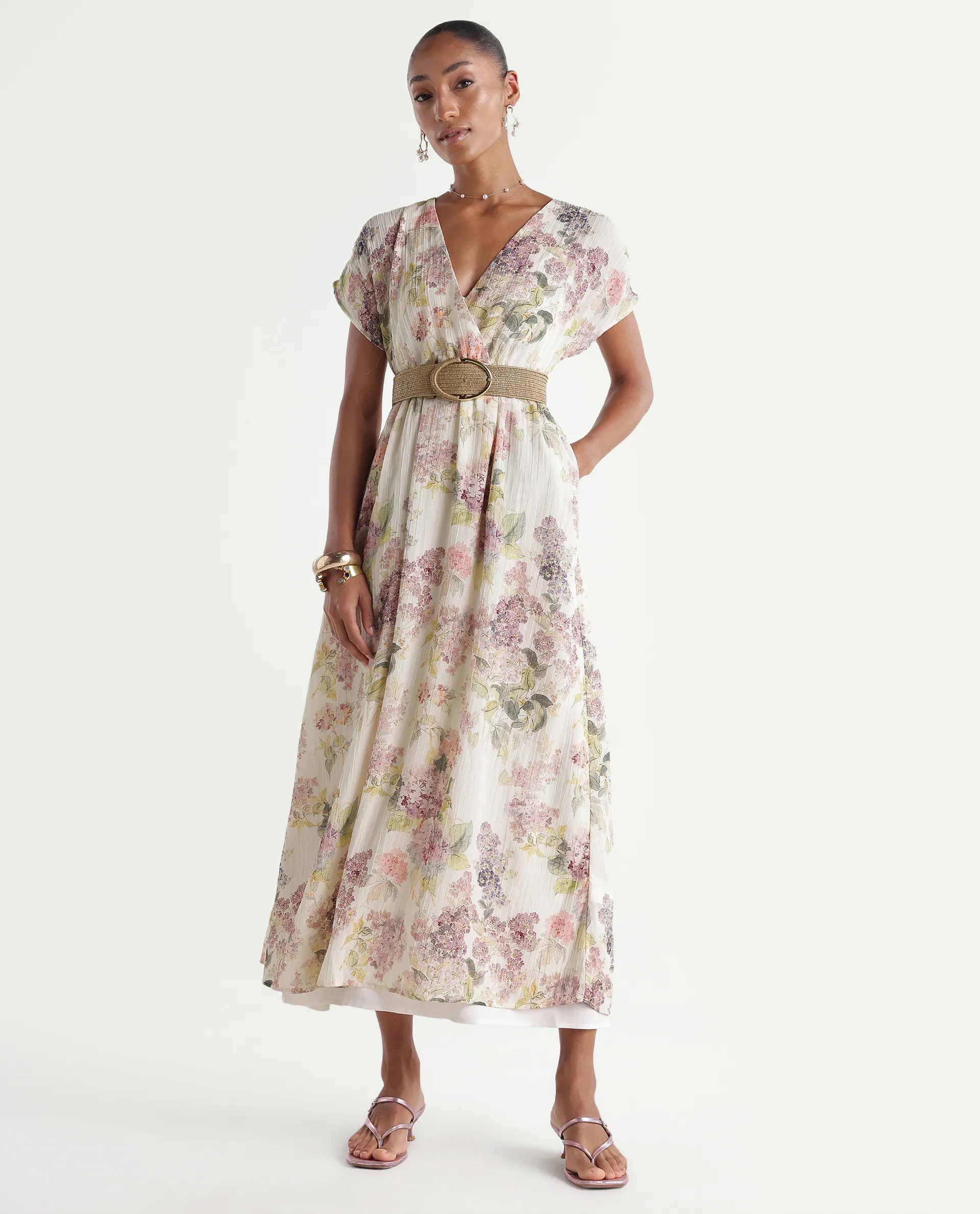 Rareism Women's Runim Light Beige Polyester V-Neck Fit And Flare Floral Print Dress - Image 2