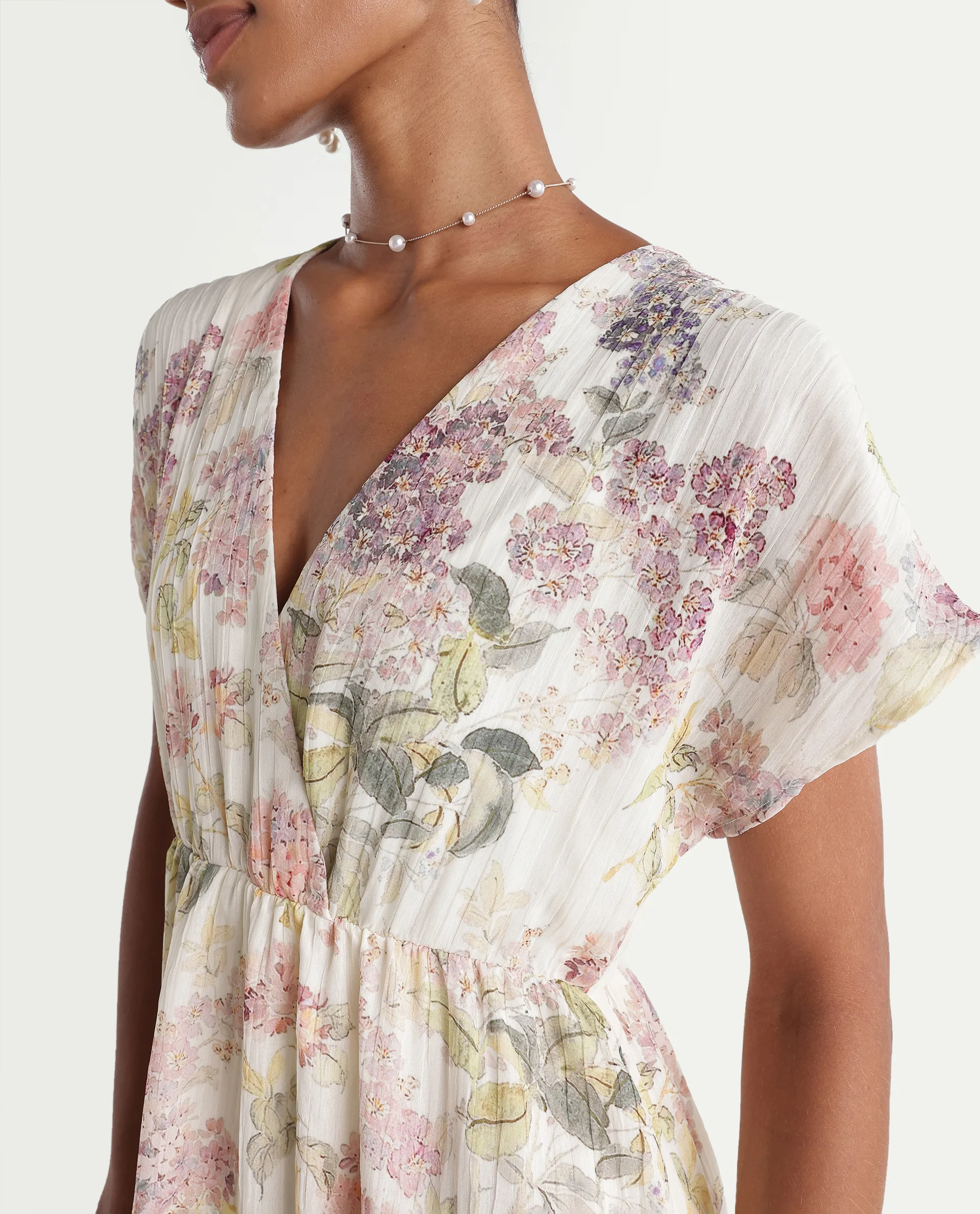 Rareism Women's Runim Light Beige Polyester V-Neck Fit And Flare Floral Print Dress - Image 3