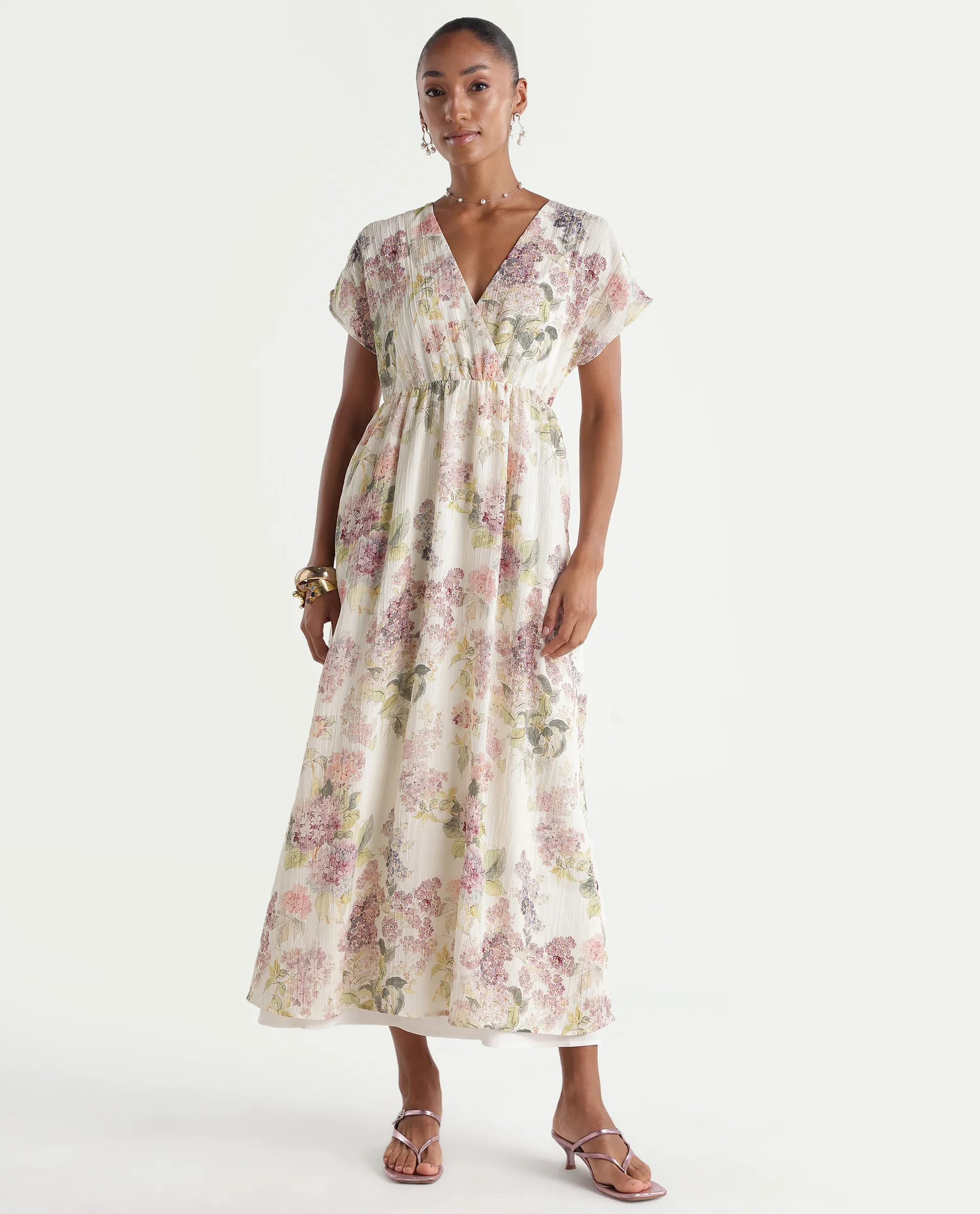 Rareism Women's Runim Light Beige Polyester V-Neck Fit And Flare Floral Print Dress - Image 4