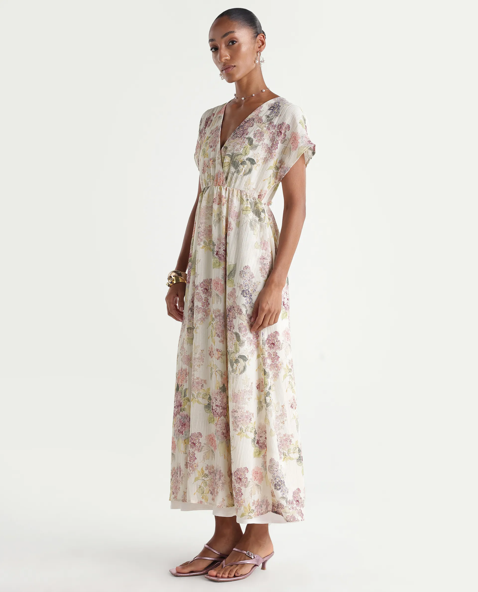 Rareism Women's Runim Light Beige Polyester V-Neck Fit And Flare Floral Print Dress - Image 5