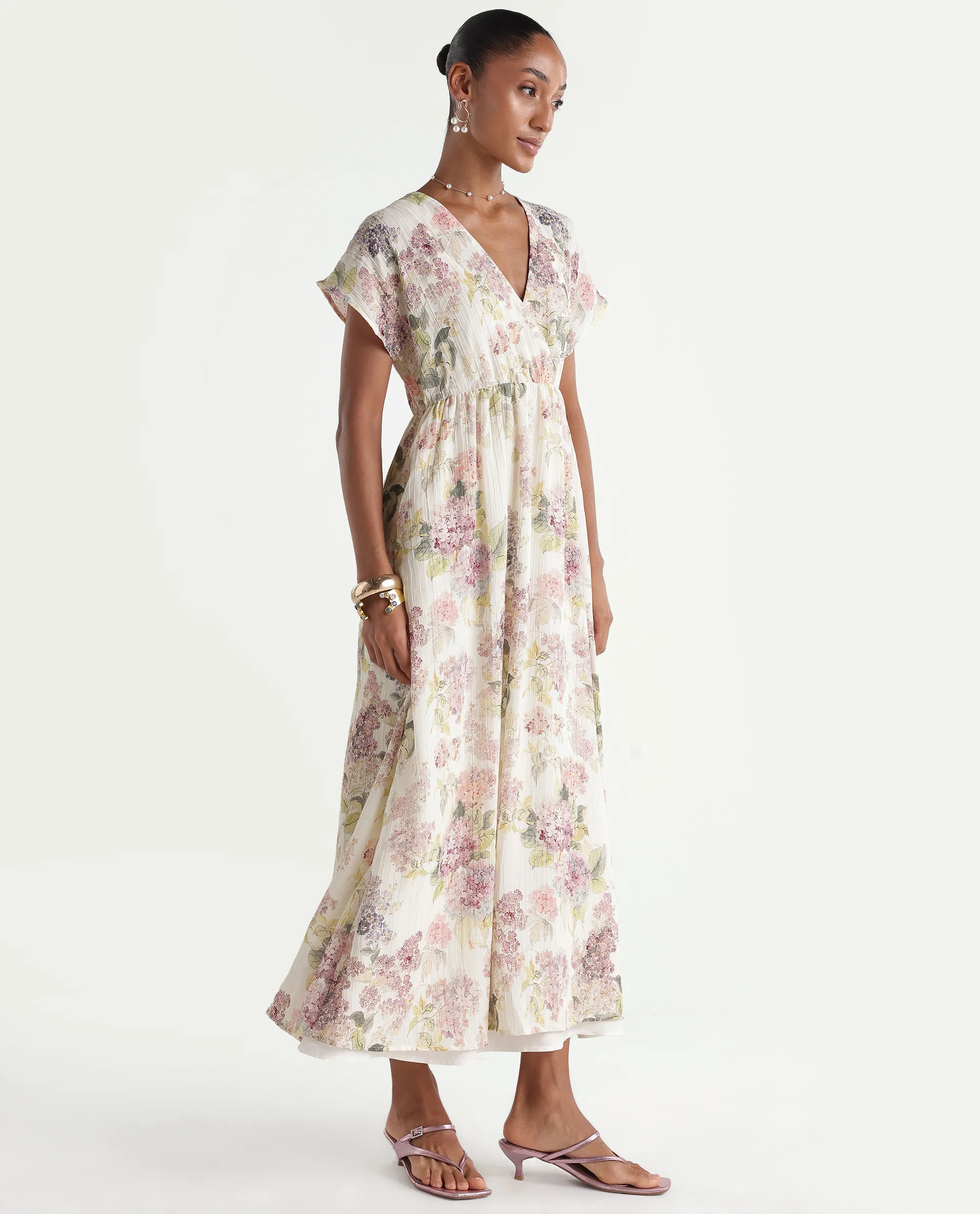 Rareism Women's Runim Light Beige Polyester V-Neck Fit And Flare Floral Print Dress - Image 6