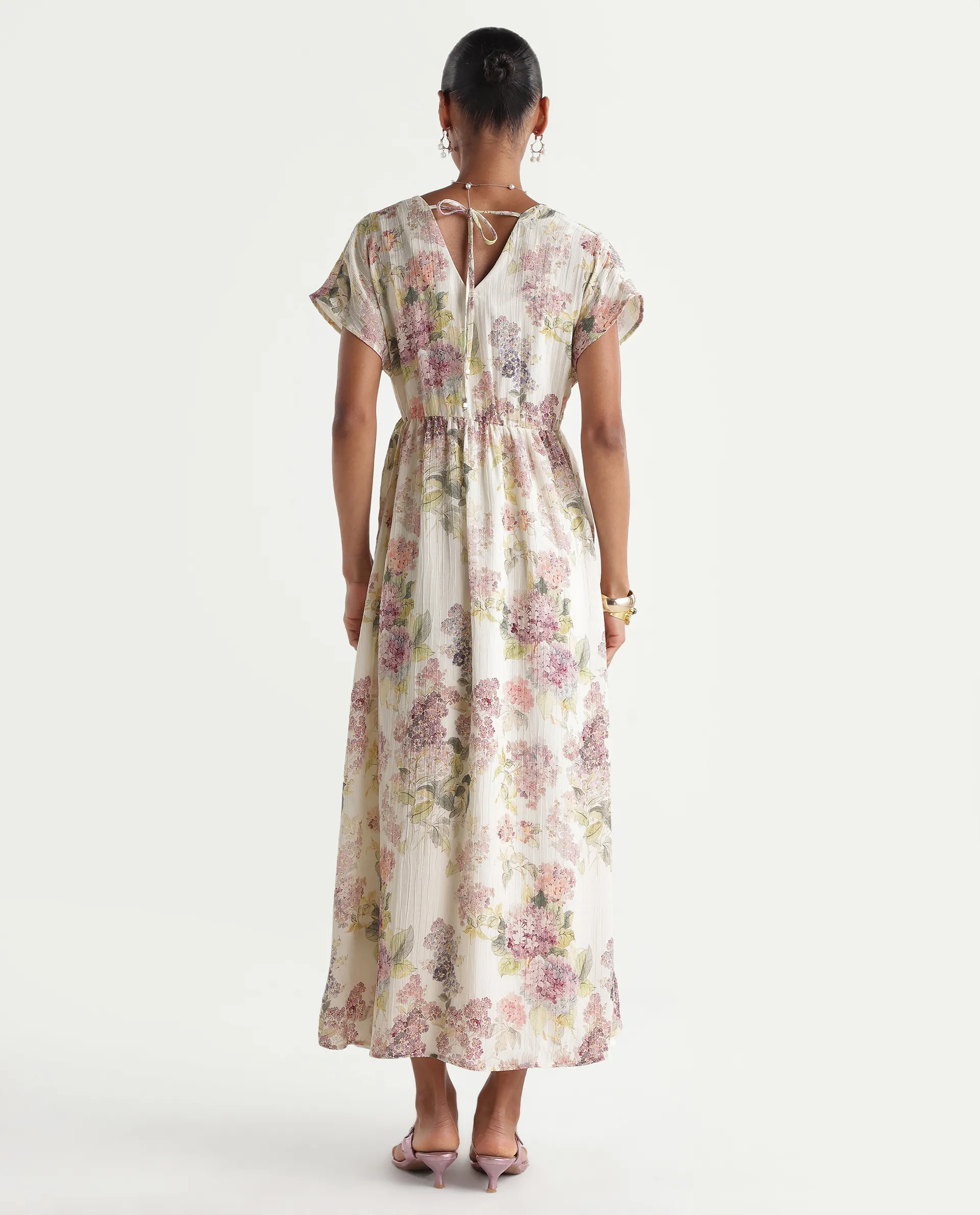 Rareism Women's Runim Light Beige Polyester V-Neck Fit And Flare Floral Print Dress - Image 7