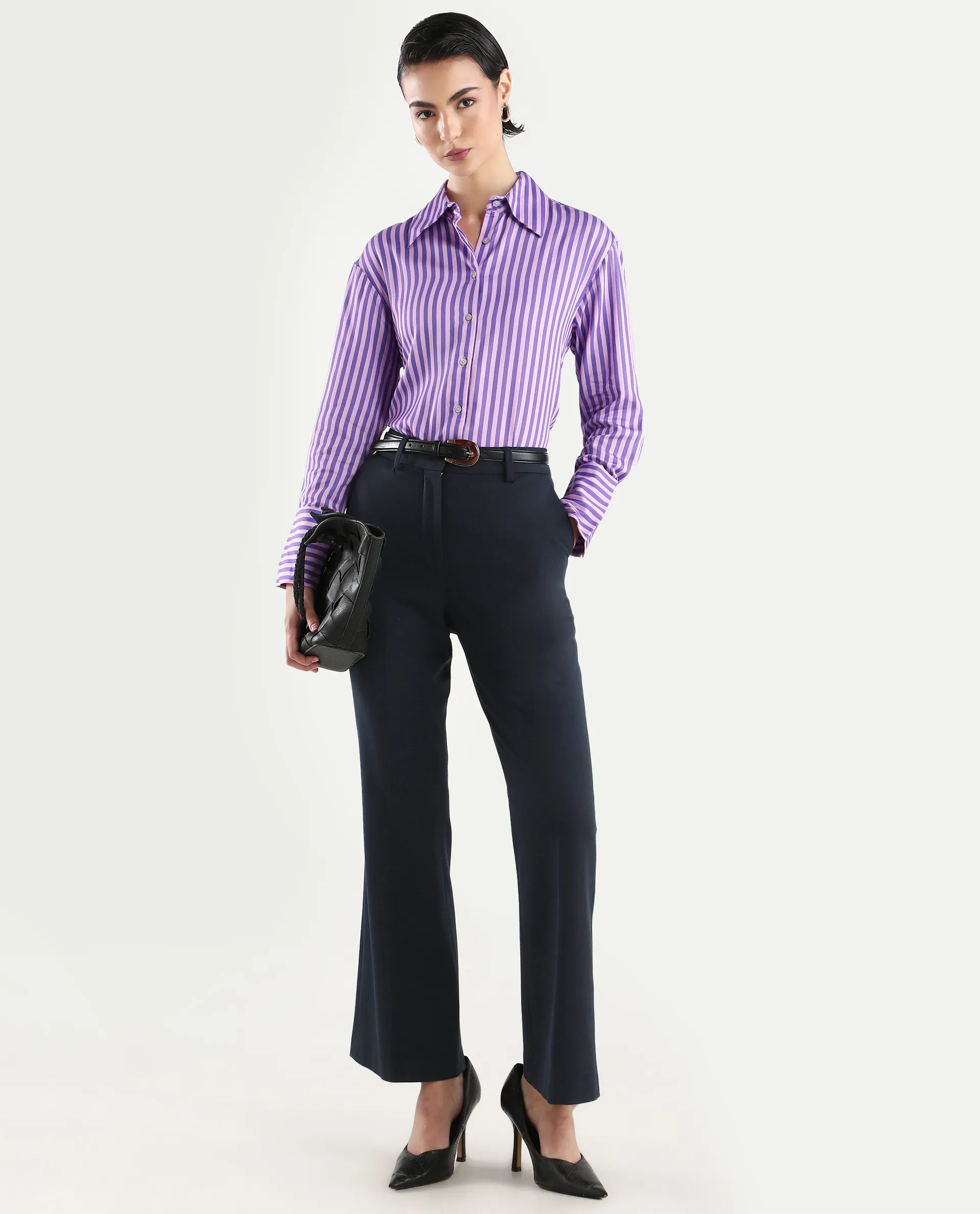 Rareism Women's Runio Dusky Purple Polyester Drop Collar Striped Cuffed Sleeve Regular Fit Shirt - Image 2