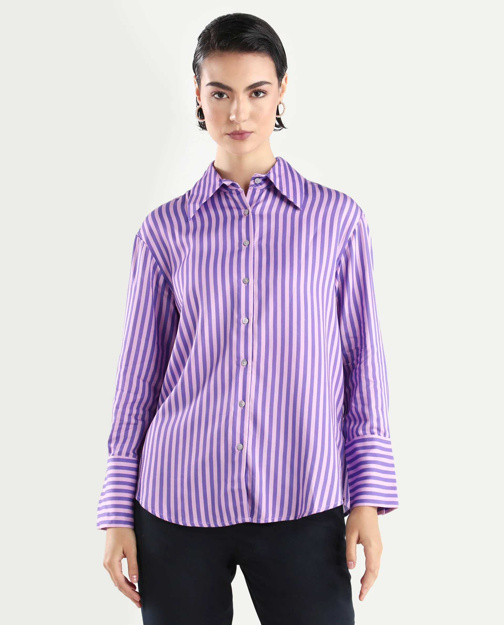 Rareism Women's Runio Dusky Purple Polyester Drop Collar Striped Cuffed Sleeve Regular Fit Shirt - Image 3